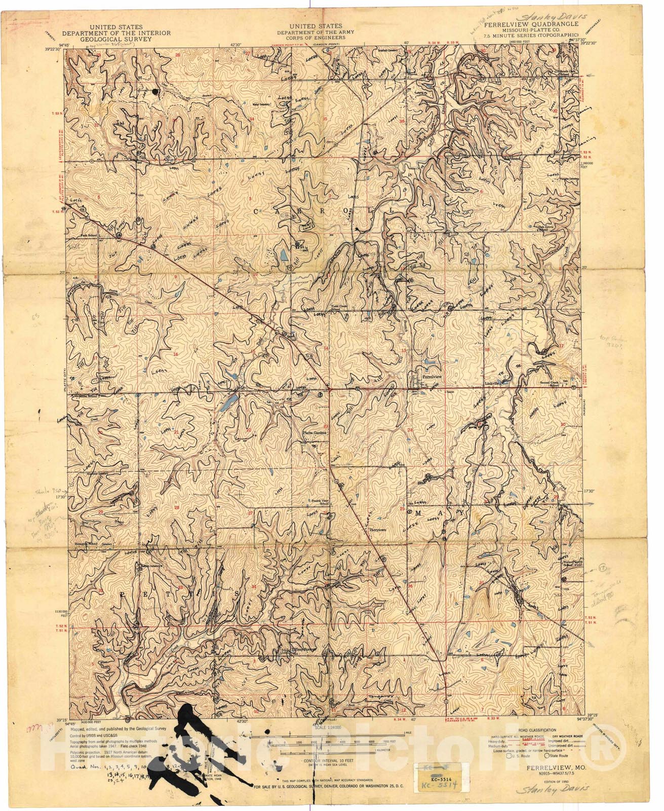 Map : Bedrock geologic map of the Ferrelview seven 1/2' quadrangle, Missouri, 1955 Cartography Wall Art :