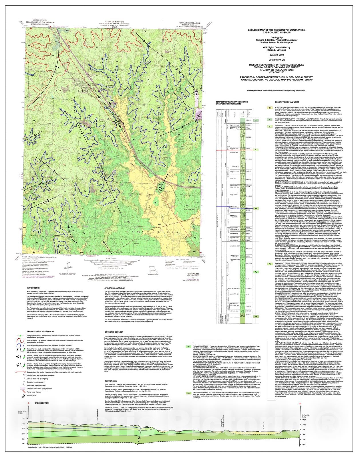 Map : Geologic map of the Peculiar seven 1/2' quadrangle, Cass County, Missouri, 2000 Cartography Wall Art :
