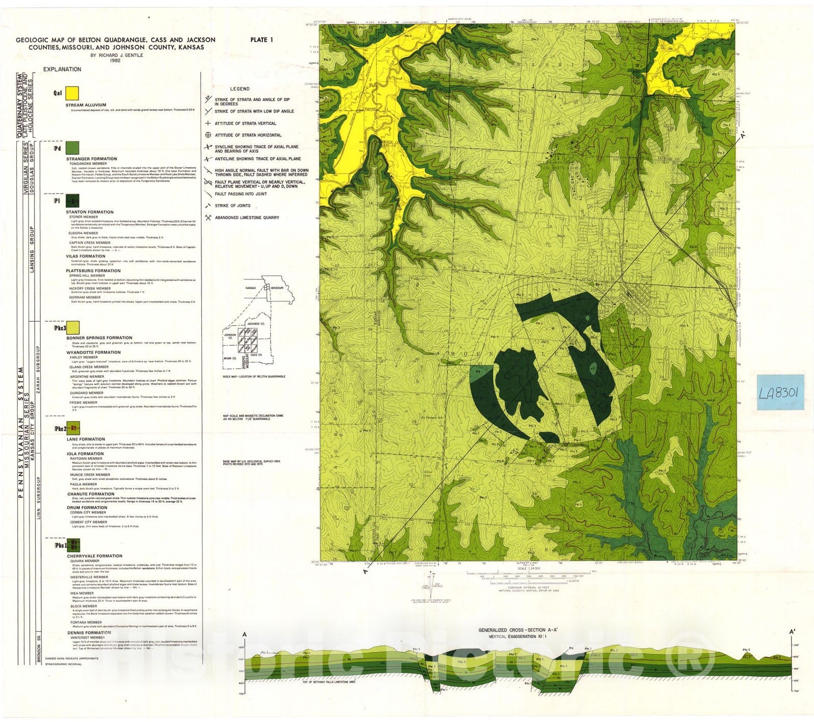 Map : Geologic map of Belton seven 1/2' quadrangle, Cass and Jackson counties, Missouri, and Johnson County, Kansas, 1983 Cartography Wall Art :