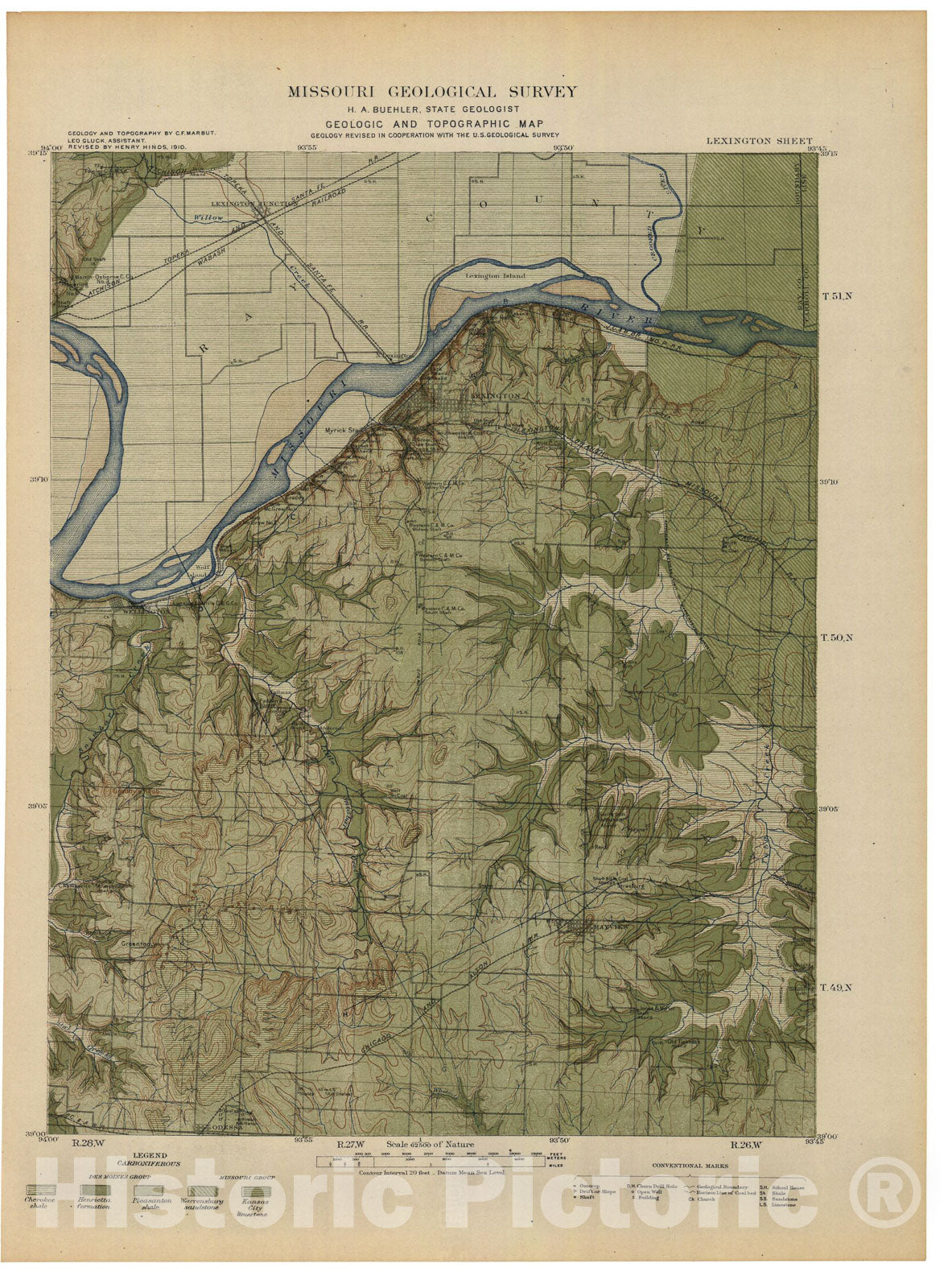 Map : Geologic and topographic map of the Lexington sheet 15' quadrangle, Missouri, 1910 Cartography Wall Art :