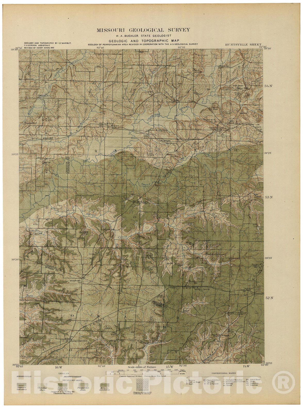 Map : Geologic and topographic map of the Huntsville sheet 15' quadrangle, Missouri, 1910 Cartography Wall Art :