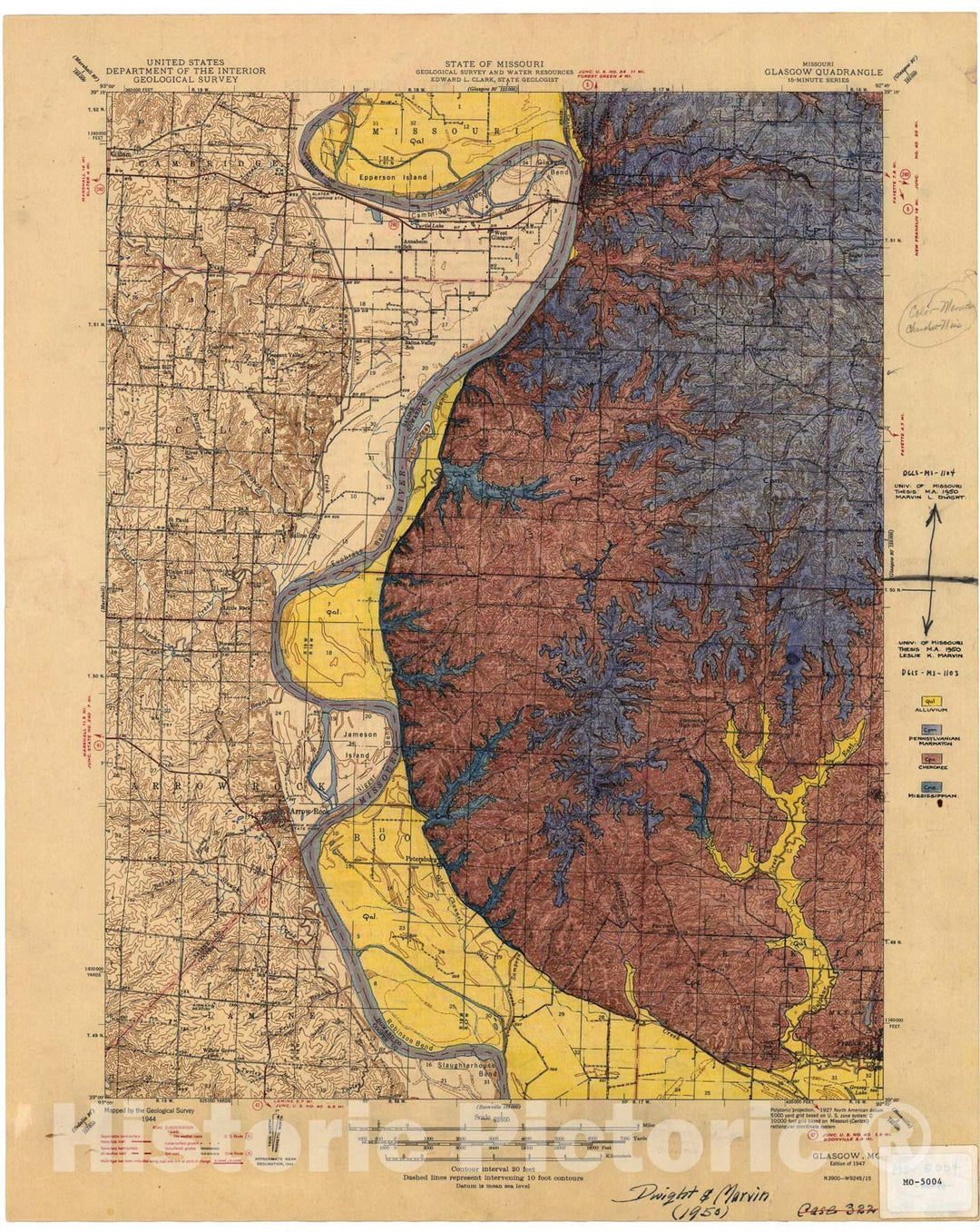 Map : Geologic map of the Howard County portion of the Glasgow 15' quadrangle, Missouri, 1950 Cartography Wall Art :