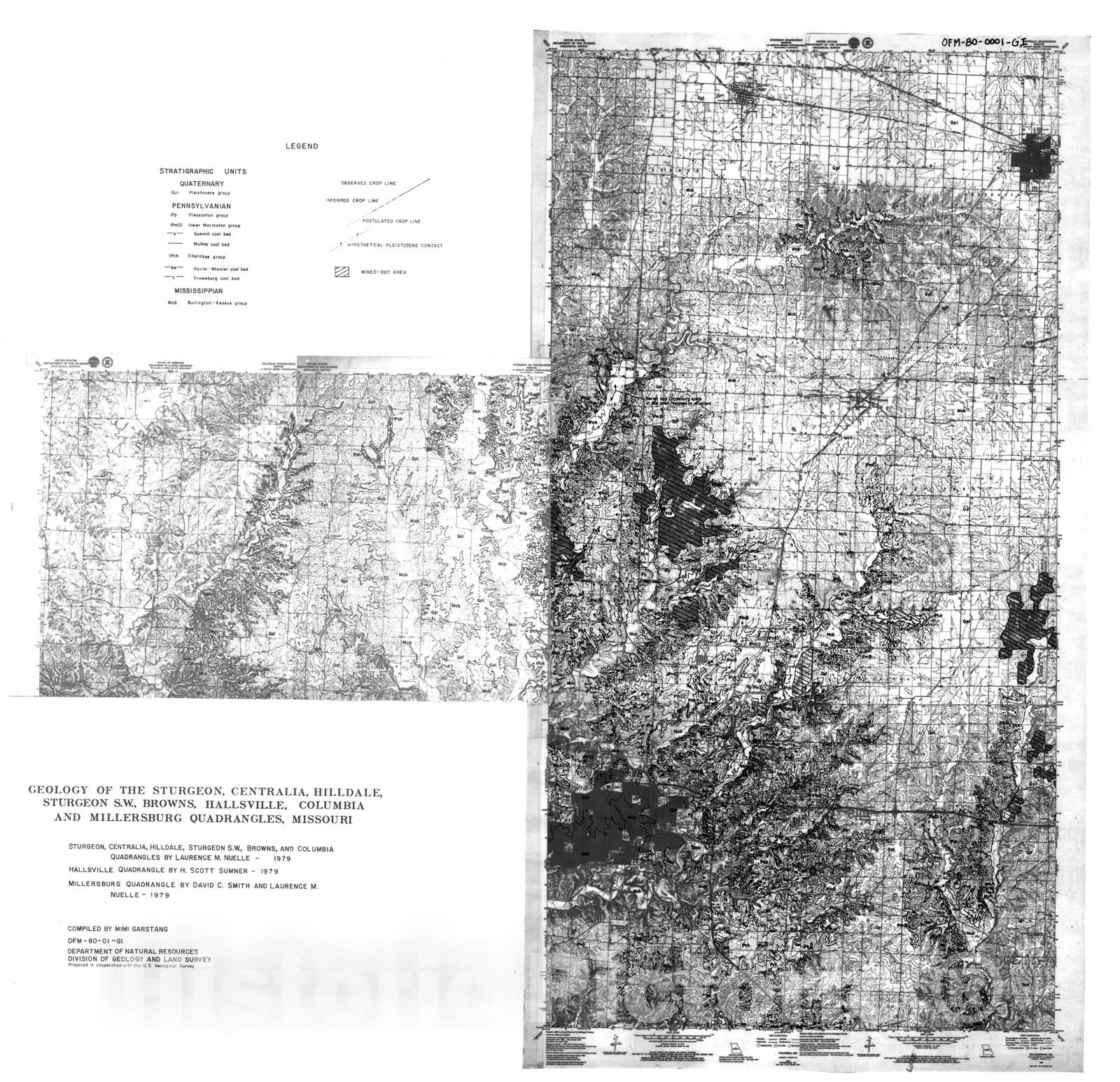 Map : Geology of the Sturgeon, Centralia, Hilldale, Sturgeon SW, Browns, Hallsville, Columbia and Millersburg seven 1/2' quadrangles, Missouri, 1980 Cartography Wall Art :