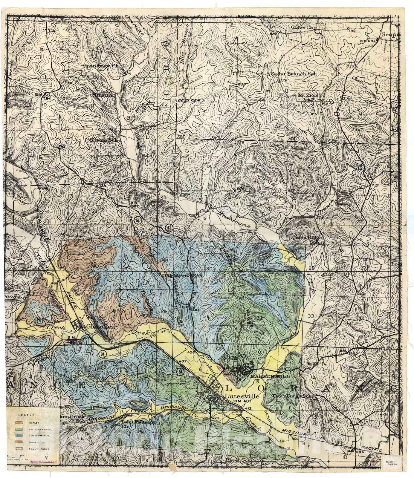 Map : Geologic map of the Marble Hill area, Missouri, 1943 Cartography Wall Art :