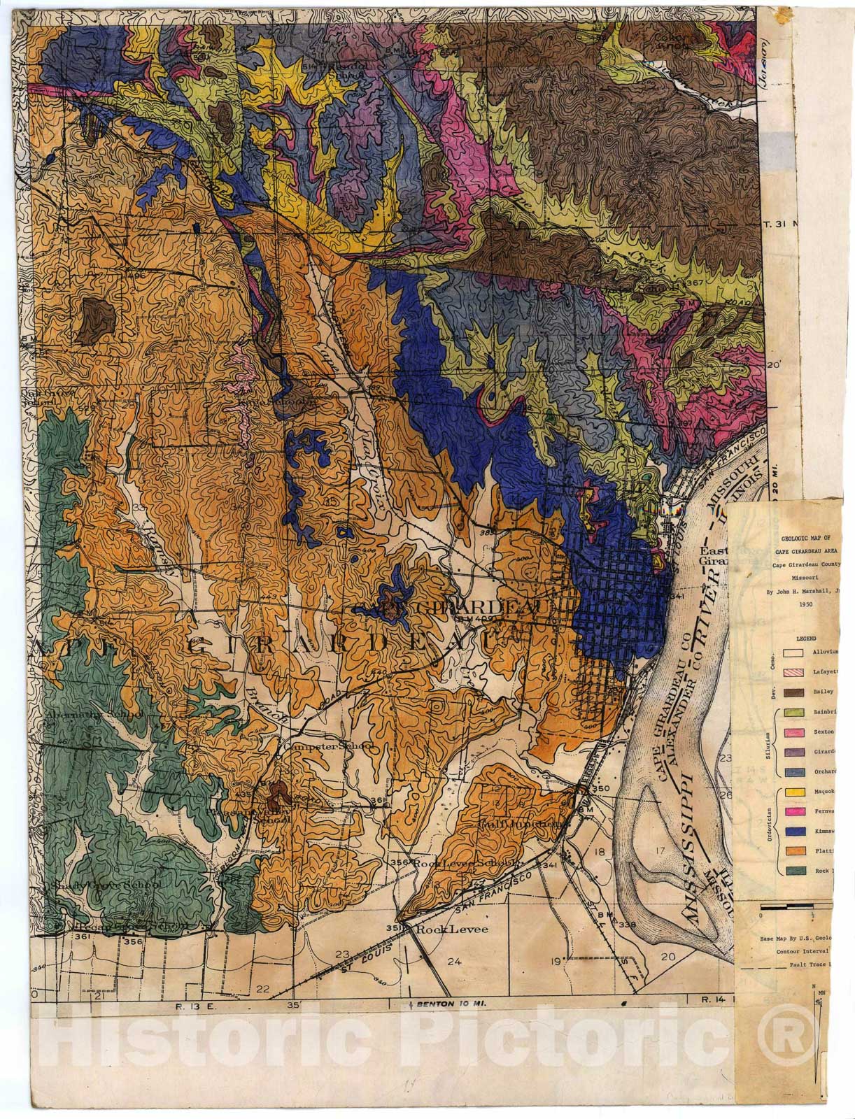 Map : Geologic map of Cape Girardeau area, Cape Girardeau County, Missouri, 1950 Cartography Wall Art :