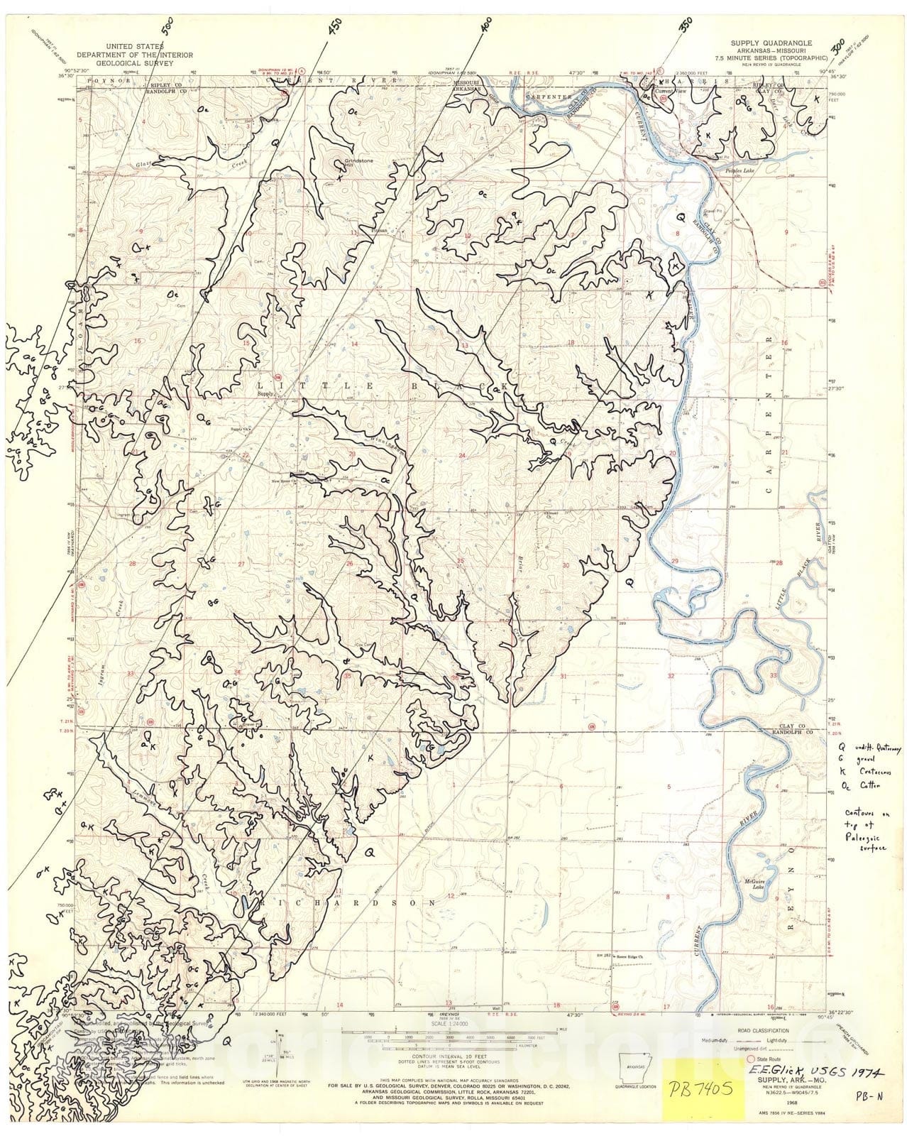 Map : Reconnaissance bedrock geologic map of the Supply seven 1/2' quadrangle, Missouri, 19seven4 Cartography Wall Art :
