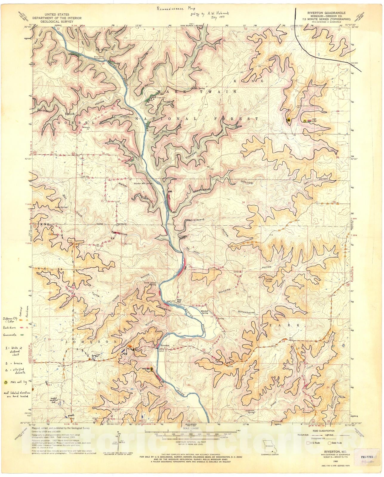 Map : Reconnaissance bedrock geologic map of the Riverton seven 1/2' quadrangle, Missouri, 19sevenseven Cartography Wall Art :