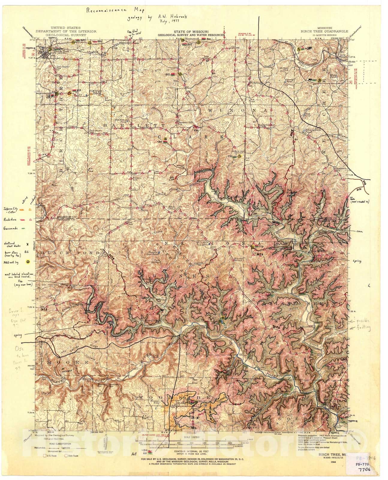 Map : Reconnaissance geologic map of the Birch Tree 15' quadrangle, Missouri, 1977 Cartography Wall Art :