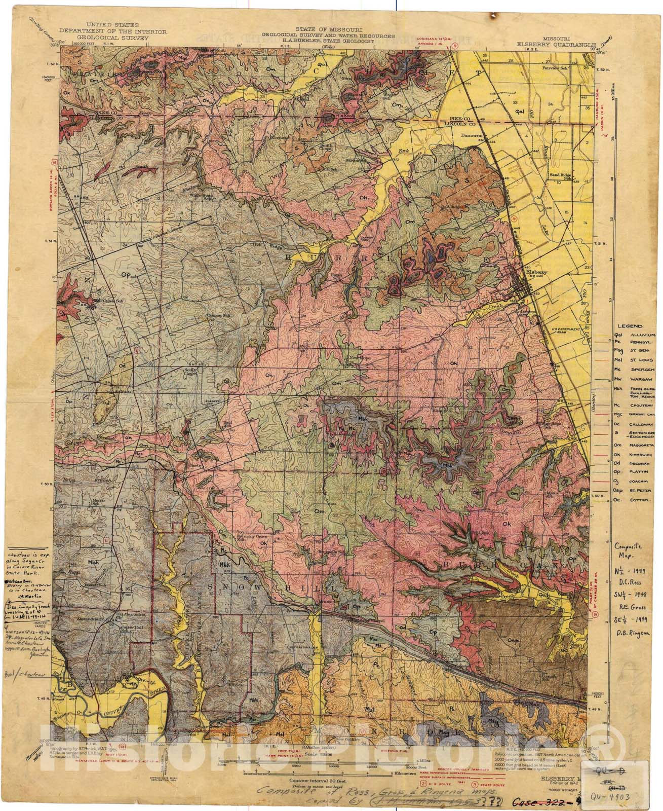 Map : Geologic map of the Elsberry 15' quadrangle, Missouri, 1949 Cartography Wall Art :
