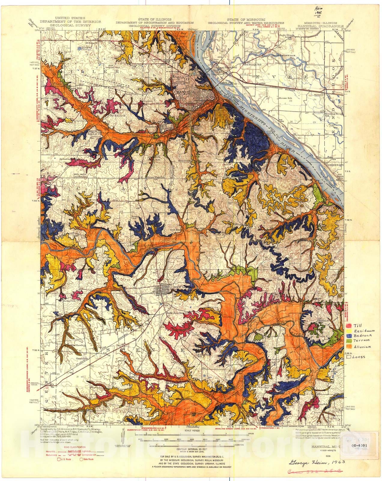 Map : Surficial material geologic map of the Hannibal 15' quadrangle, Missouri, 1963 Cartography Wall Art :