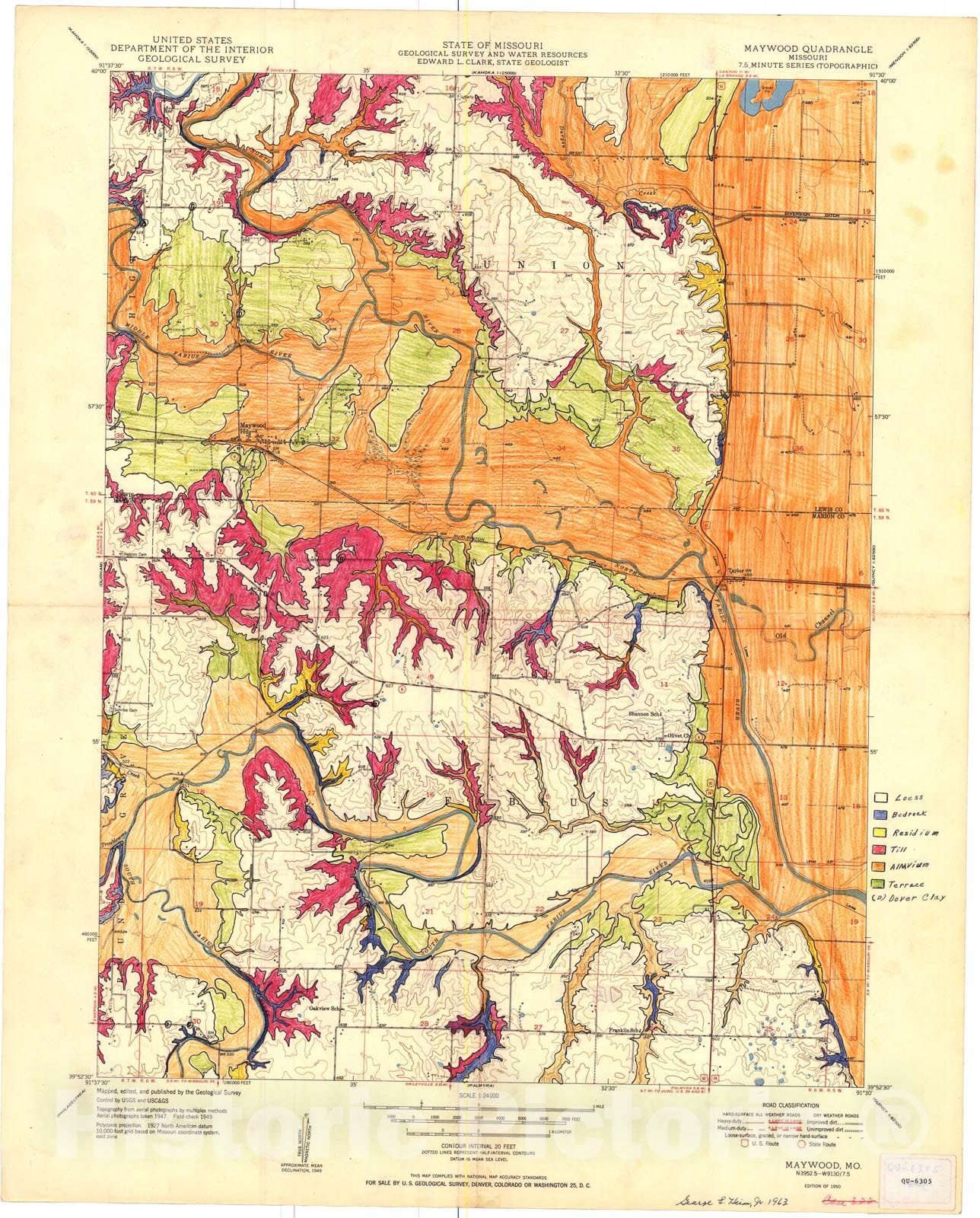 Map : Surficial material geologic map of the Maywood seven 1/2' quadrangle, Missouri, 1963 Cartography Wall Art :
