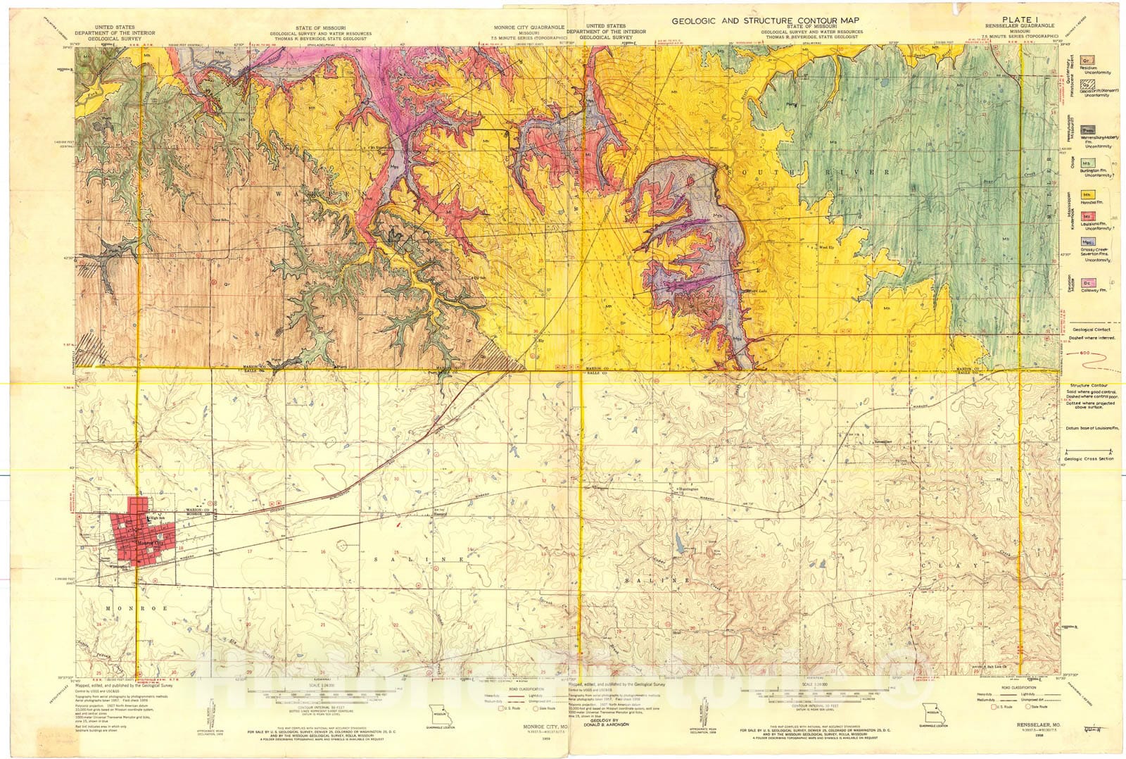 Map : Geologic and structure contour map of the Marion County part of the Monroe City and Rensselaer seven 1/2' quadrangles, Missouri, 1966 Cartography Wall Art :