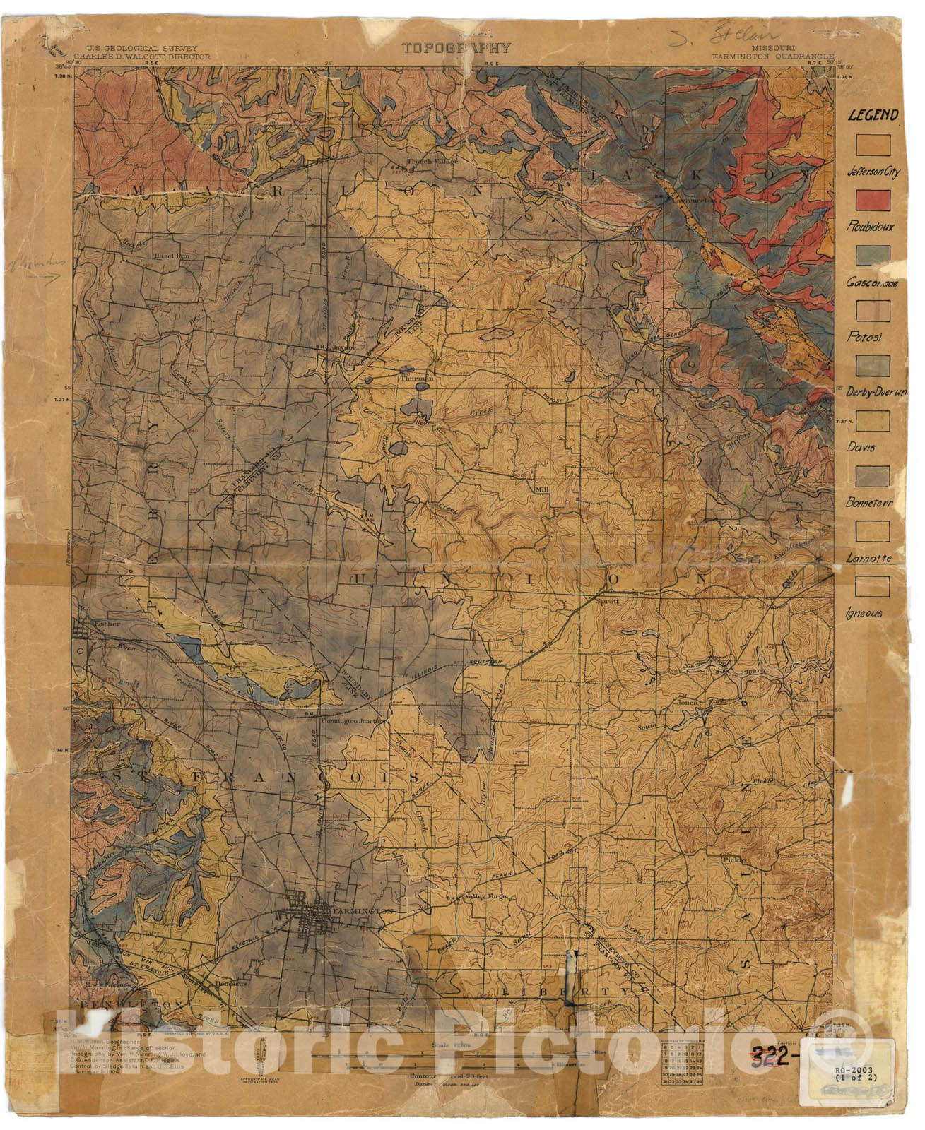 Map : Geologic map of the Farmington 15' quadrangle, Missouri, 1920 Cartography Wall Art :