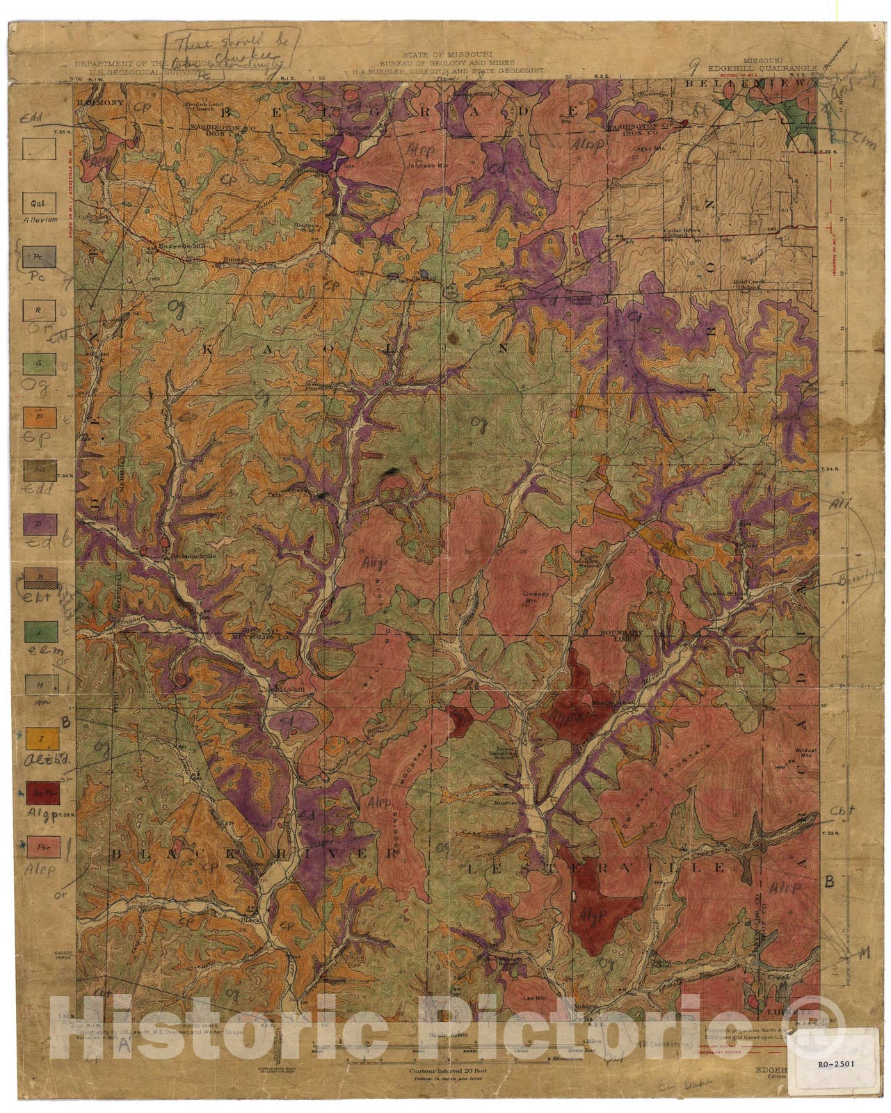 Map : Geologic map of the Edgehill 15' quadrangle, Missouri, 1925 Cartography Wall Art :