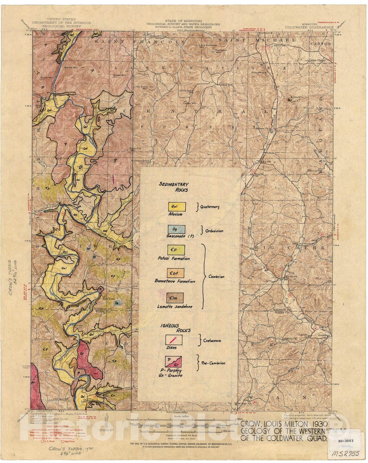 Map : Geology of the west one-third of the Coldwater 15' quadrangle, Missouri, 1930 Cartography Wall Art :