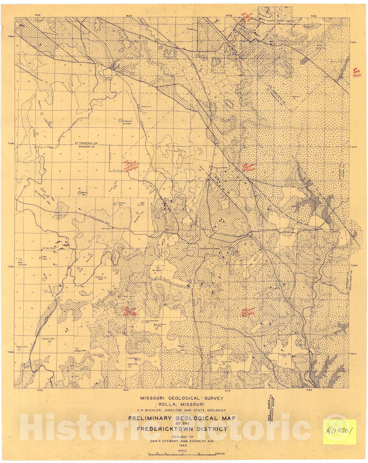 Map : Preliminary geologic map of the Fredericktown district, Missouri, 1943 Cartography Wall Art :