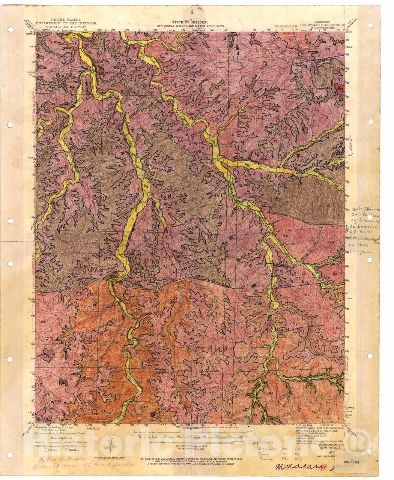 Map : Geologic map of the Berryman 15' quadrangle, Missouri, 1950 Cartography Wall Art :