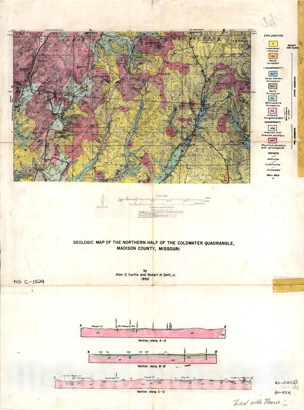 Map : Geologic map of the north half of the Coldwater 15' quadrangle, Missouri, 1951 Cartography Wall Art :