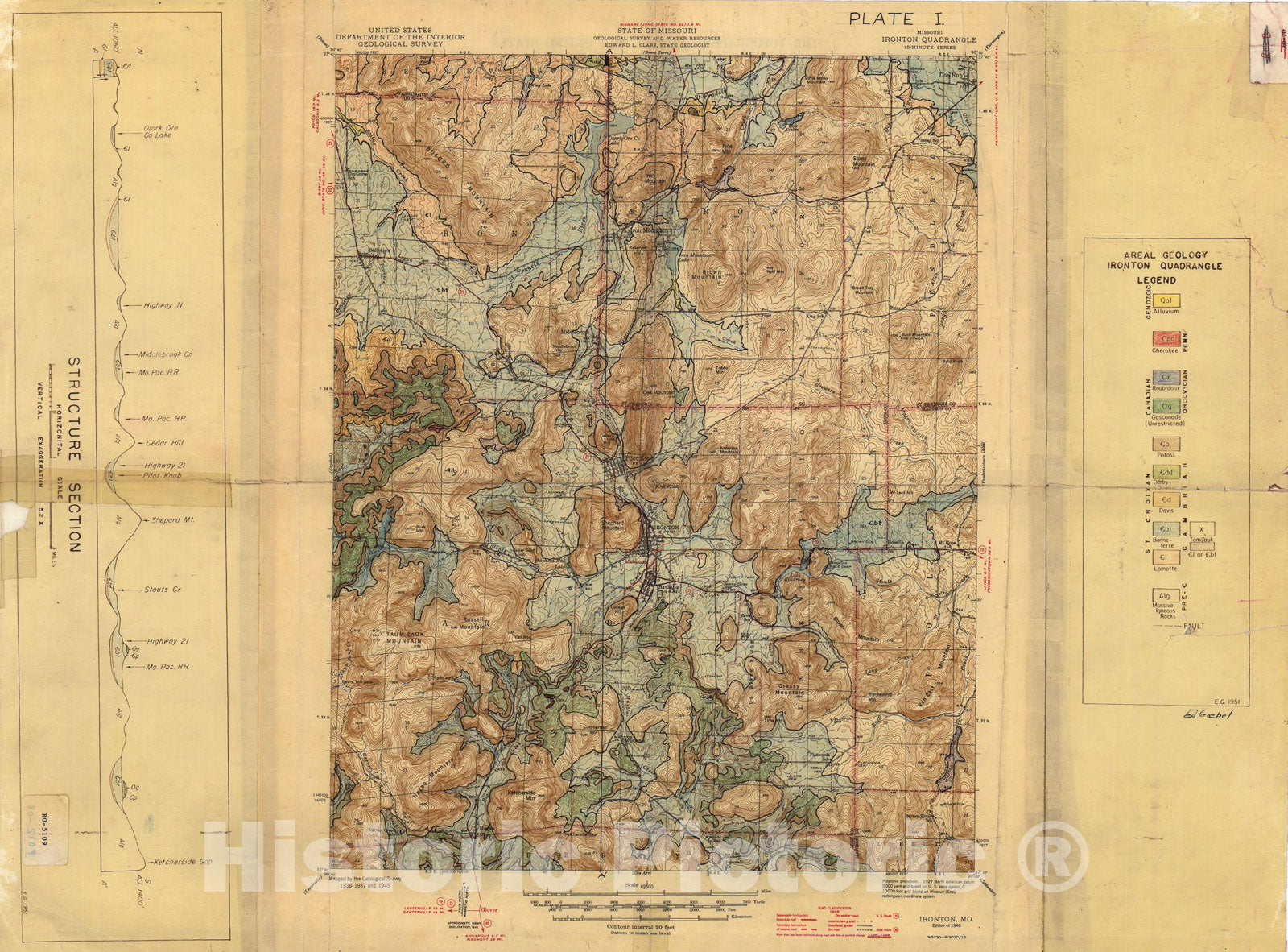 Map : Areal geology of the Ironton 15' quadrangle, Missouri, 1951 Cartography Wall Art :