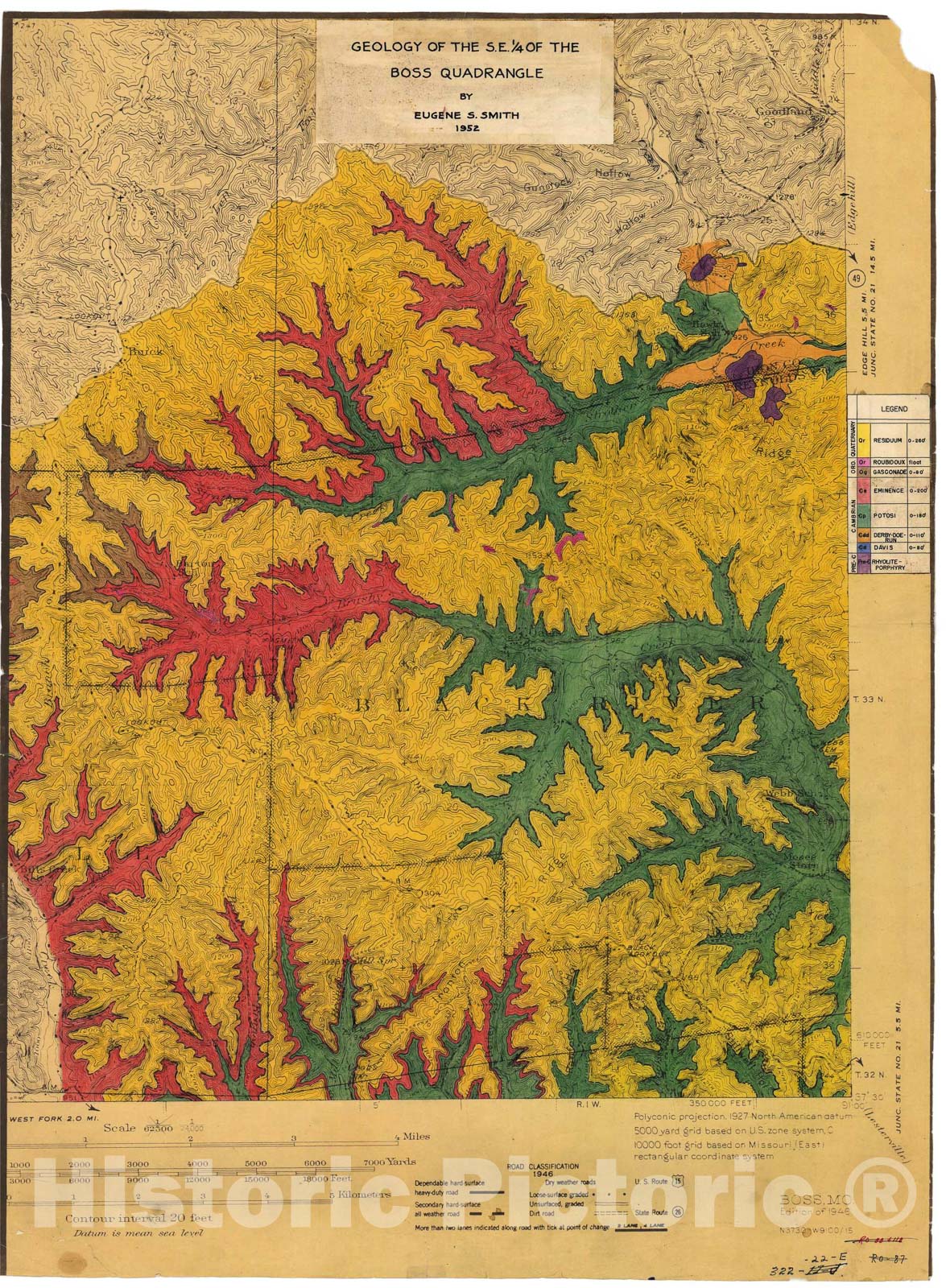 Map : Geology of the southeast quarter of the Boss 15' quadrangle enlarged to 1:24,000 scale, Missouri, 1952 Cartography Wall Art :