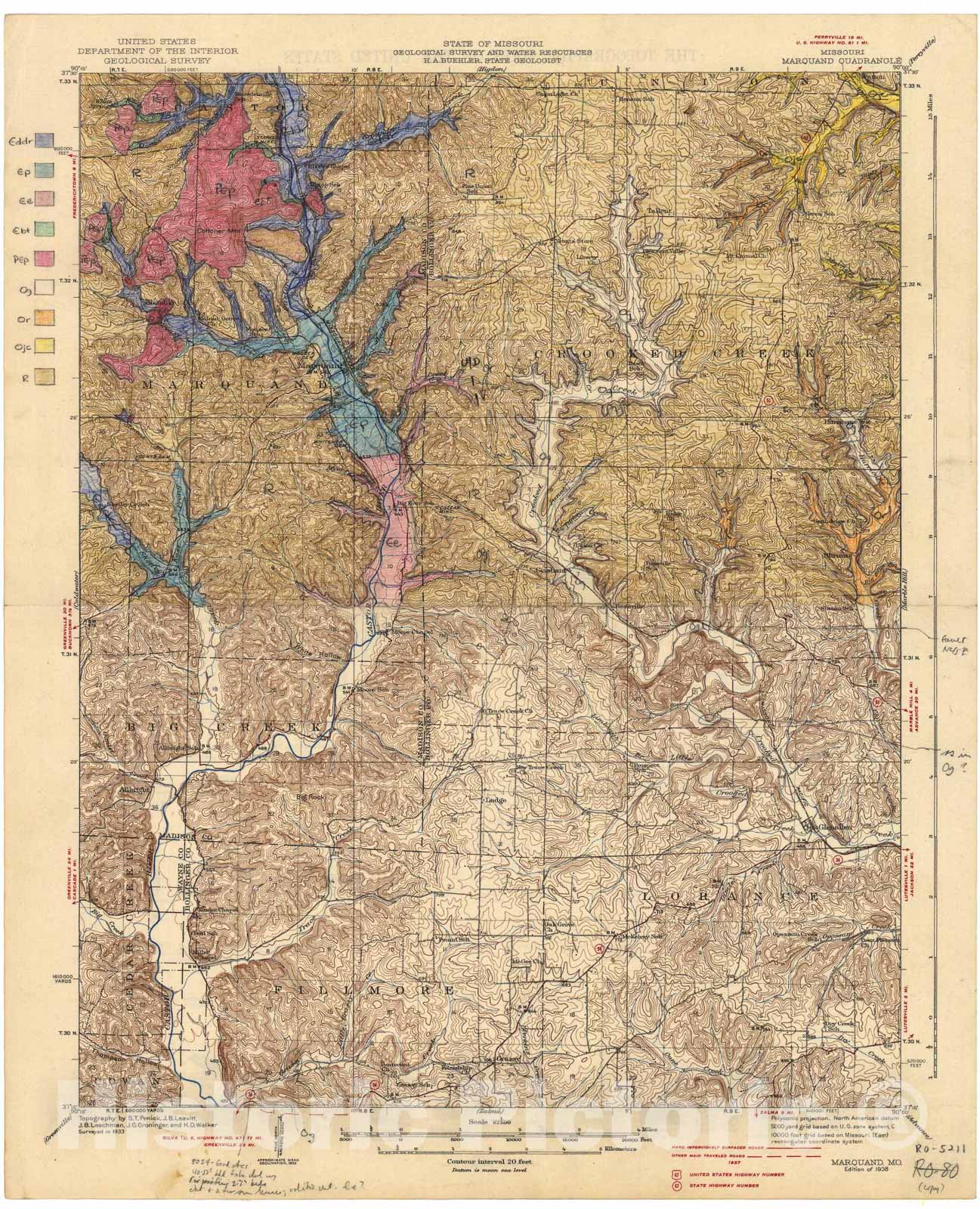 Map : Geologic map of the north part of the Marquand 15' quadrangle, Missouri, 1952 Cartography Wall Art :