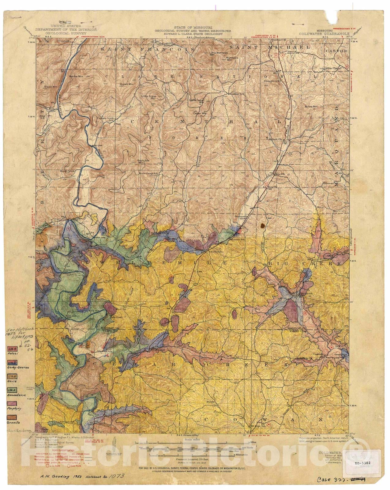 Map : Geologic map of the south part of the Coldwater 15' quadrangle, Missouri, 1953 Cartography Wall Art :