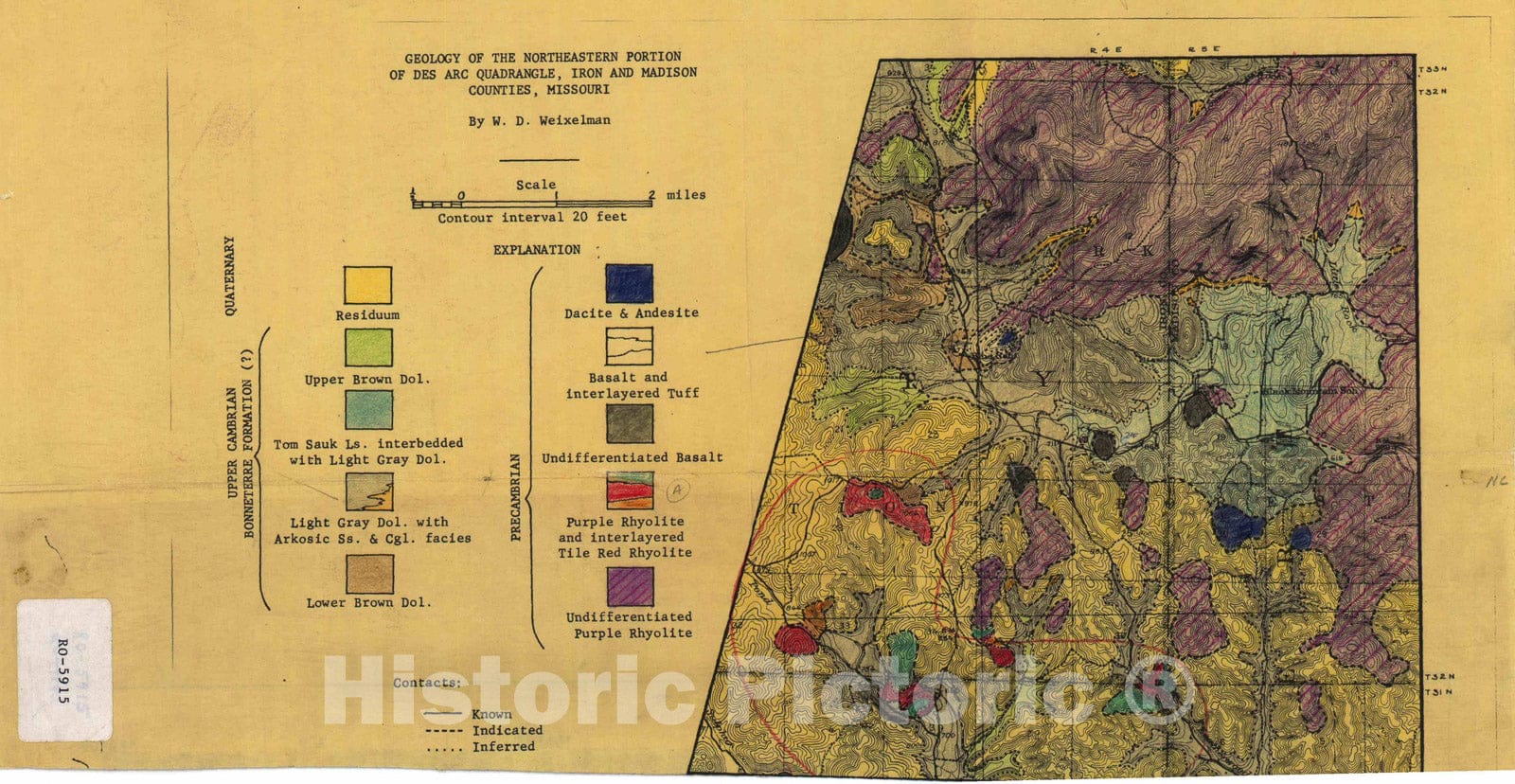 Map : Geology of the northeast portion of Des Arc 15' quadrangle, Iron and Madison counties, Missouri, 1959 Cartography Wall Art :