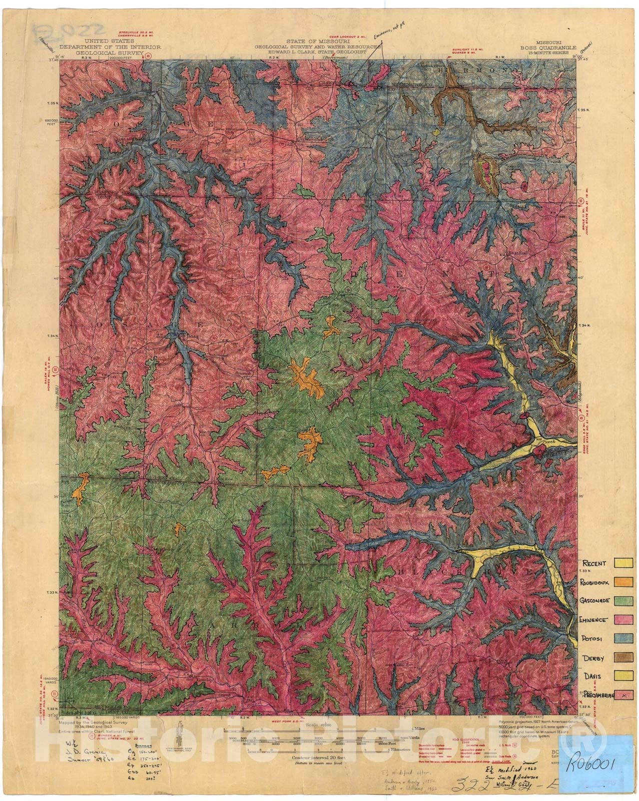 Map : Geologic map of the Boss 15' quadrangle, Missouri, 1960 Cartography Wall Art :