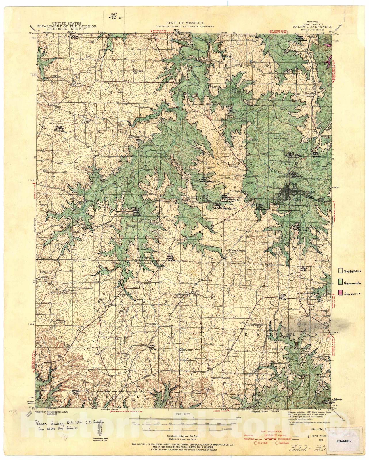 Map : Reconnaissance geologic map of the Salem 15' quadrangle, Missouri, 1960 Cartography Wall Art :