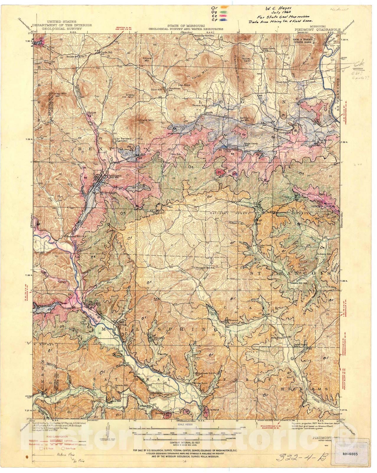 Map : Geologic map of the Piedmont 15' quadrangle, Missouri, 1960 Cartography Wall Art :