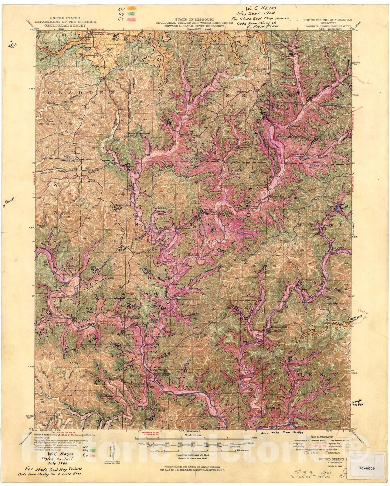 Map : Geologic map of the Round Spring 15' quadrangle, Missouri, 1960 Cartography Wall Art :