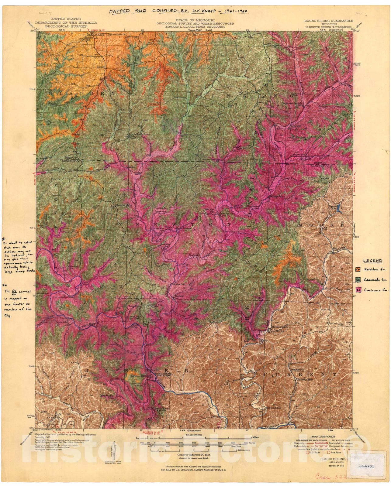 Map : Geologic map of part of the Round Spring 15' quadrangle, Missouri, 1962 Cartography Wall Art :