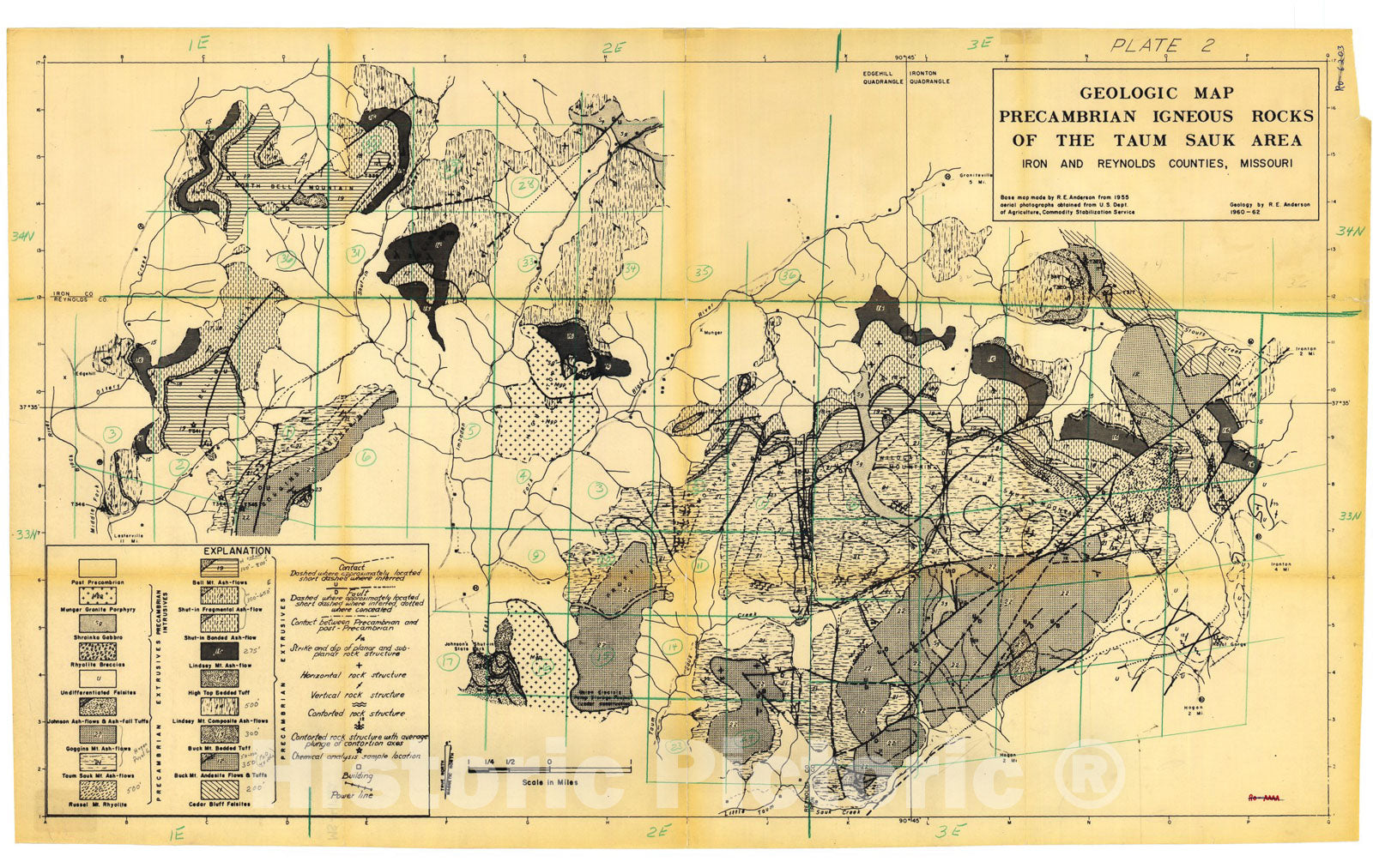 Map : Geologic map of Precambrian igneous rocks in the Taum Sauk area, Missouri, 1962 Cartography Wall Art :