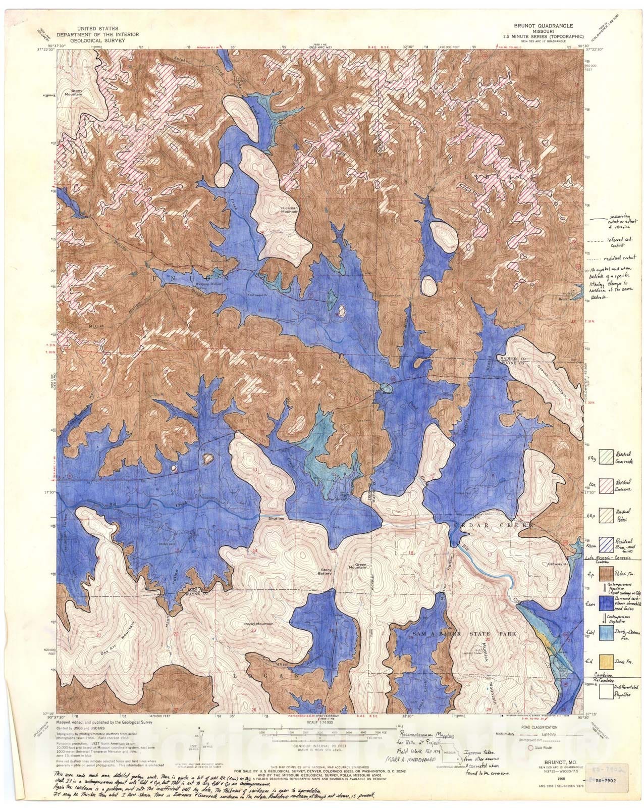Map : Bedrock geologic map of the Brunot seven 1/2' quadrangle, Missouri, 19seven9 Cartography Wall Art :