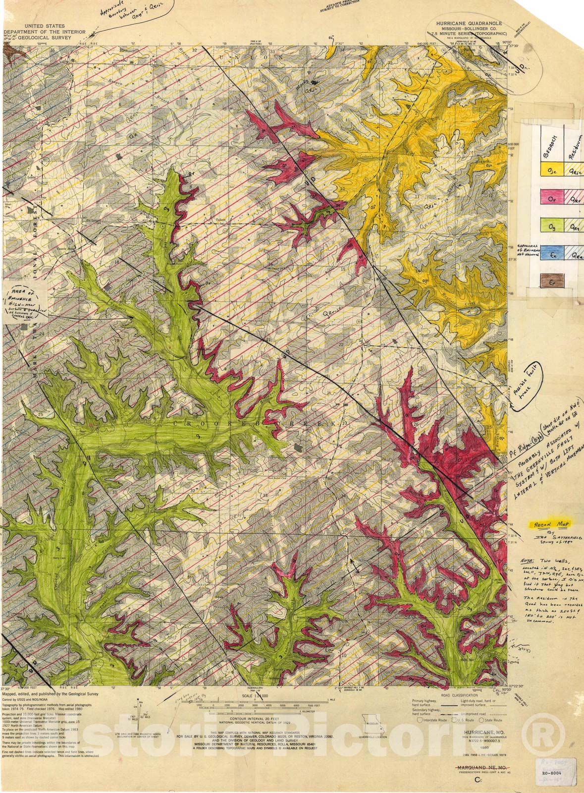 Map : Reconnaissance geologic map of the Hurricane seven 1/2' quadrangle, Missouri, 1980 Cartography Wall Art :