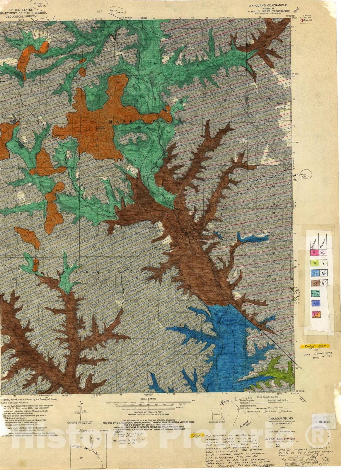 Map : Reconnaissance geologic map of the Marquand seven 1/2' quadrangle, Missouri, 1980 Cartography Wall Art :