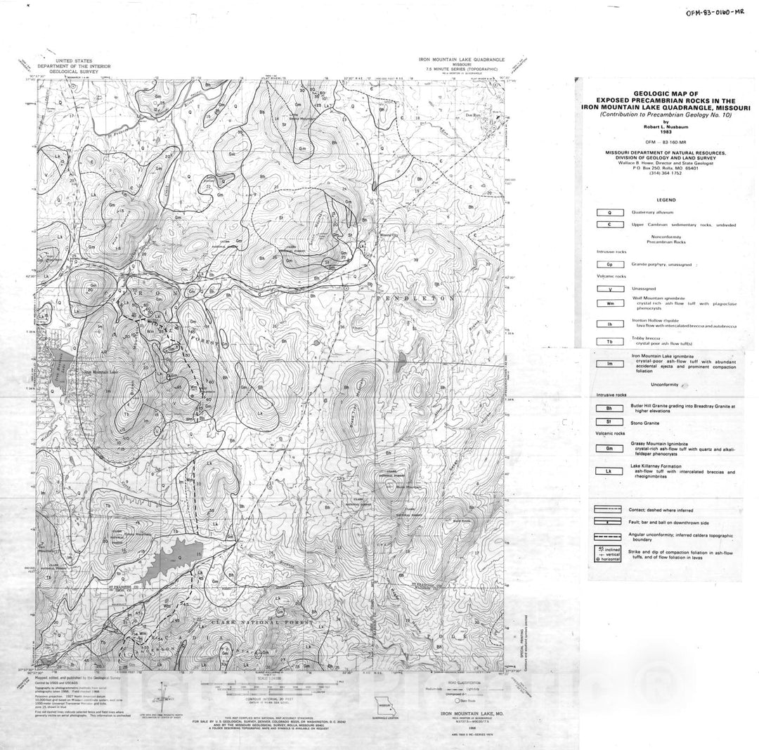 Map : Geologic map of exposed Precambrian rocks in the Iron Mountain Lake seven 1/2' quadrangle, Missouri, 1983 Cartography Wall Art :