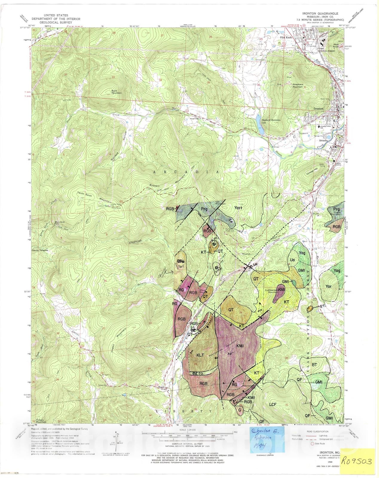 Map : Geologic map of the southeast part of the Ironton seven 1/2' quadrangle, Missouri, 1995 Cartography Wall Art :