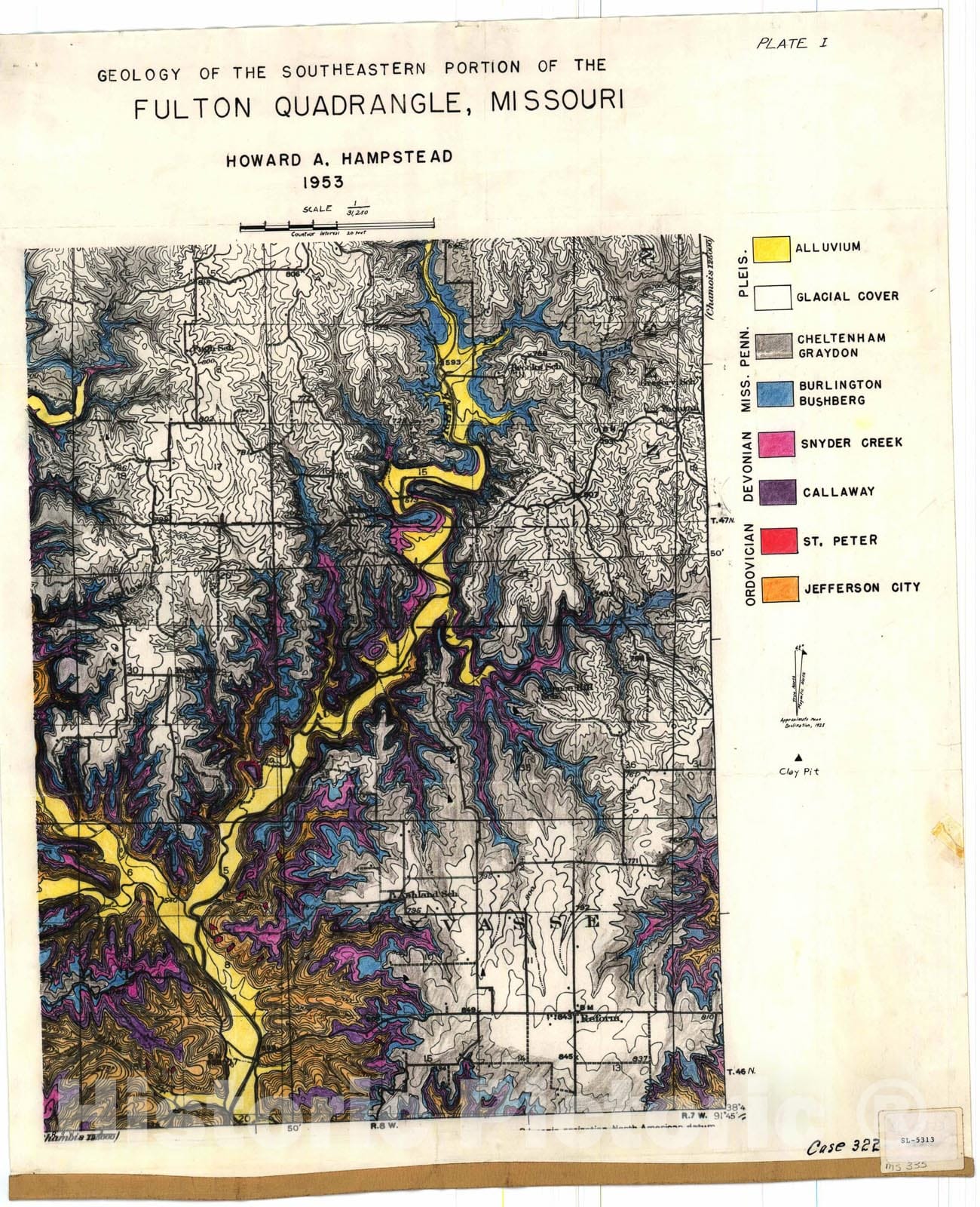 Map : Geology of the southeast portion of the Fulton 15' quadrangle, Missouri, 1953 Cartography Wall Art :