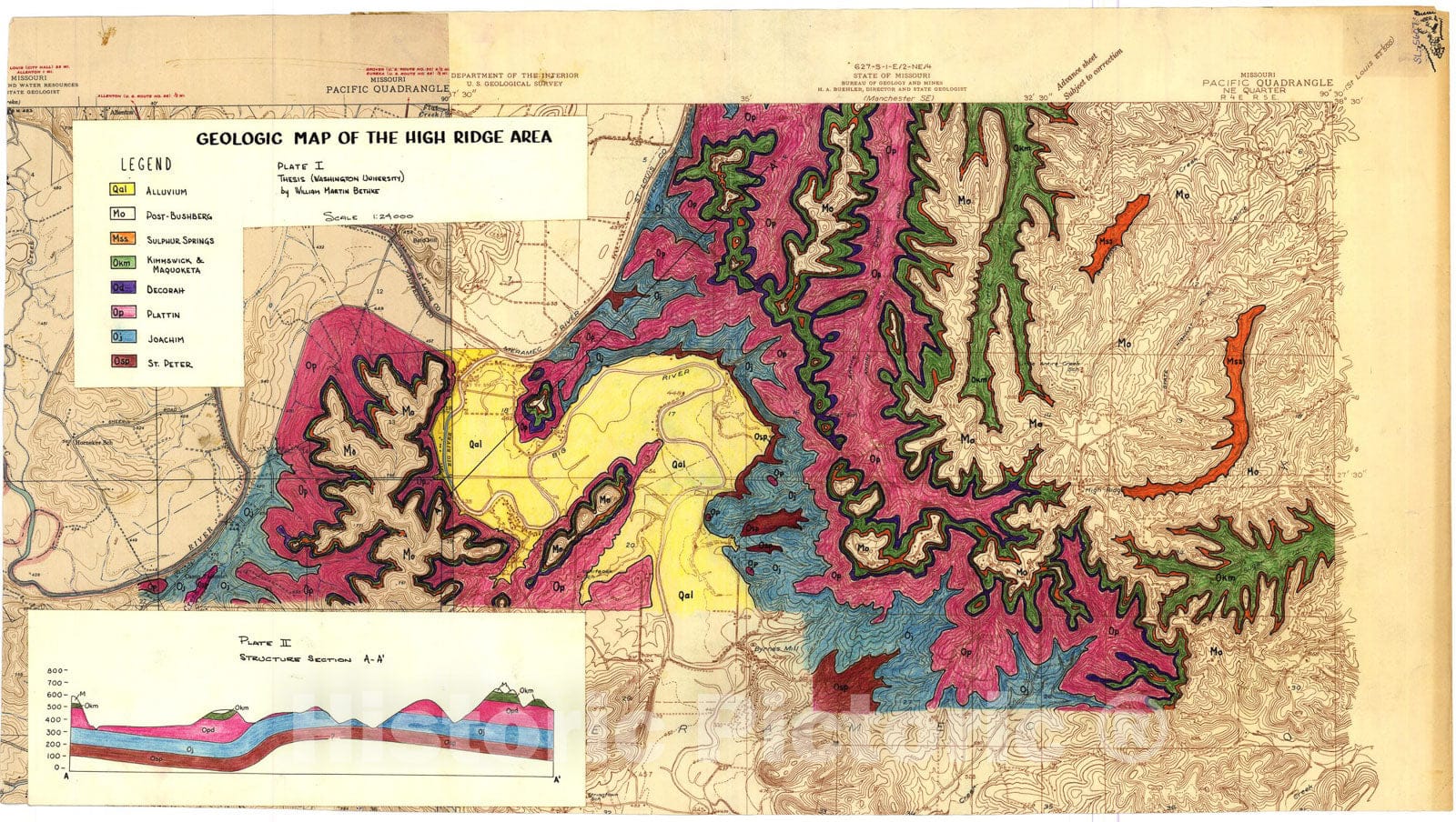 Map : Geologic map of the High Ridge area, Missouri, 1956 Cartography Wall Art :