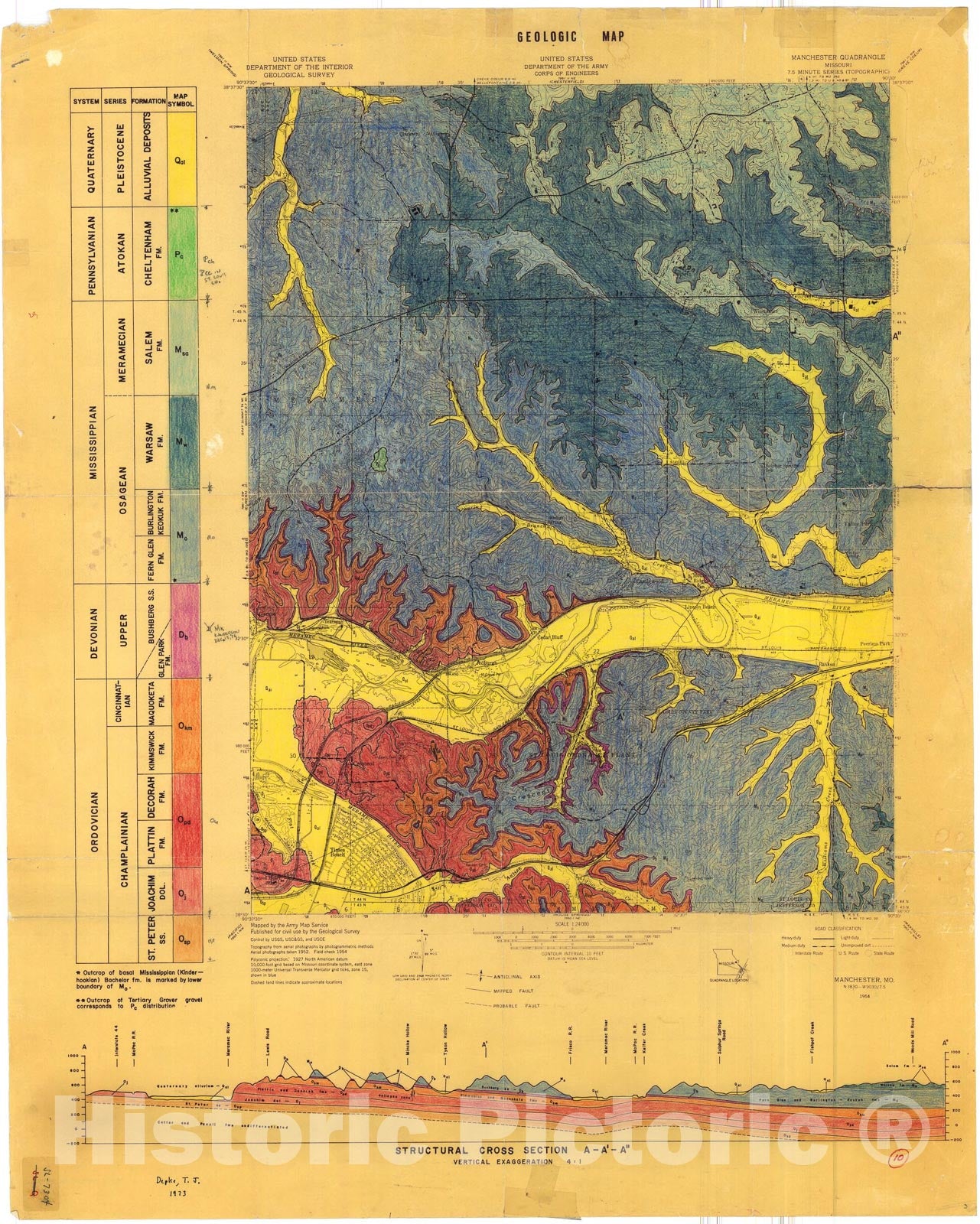 Map : Geologic map of the Manchester seven 1/2' quadrangle, Missouri, 19seven3 Cartography Wall Art :
