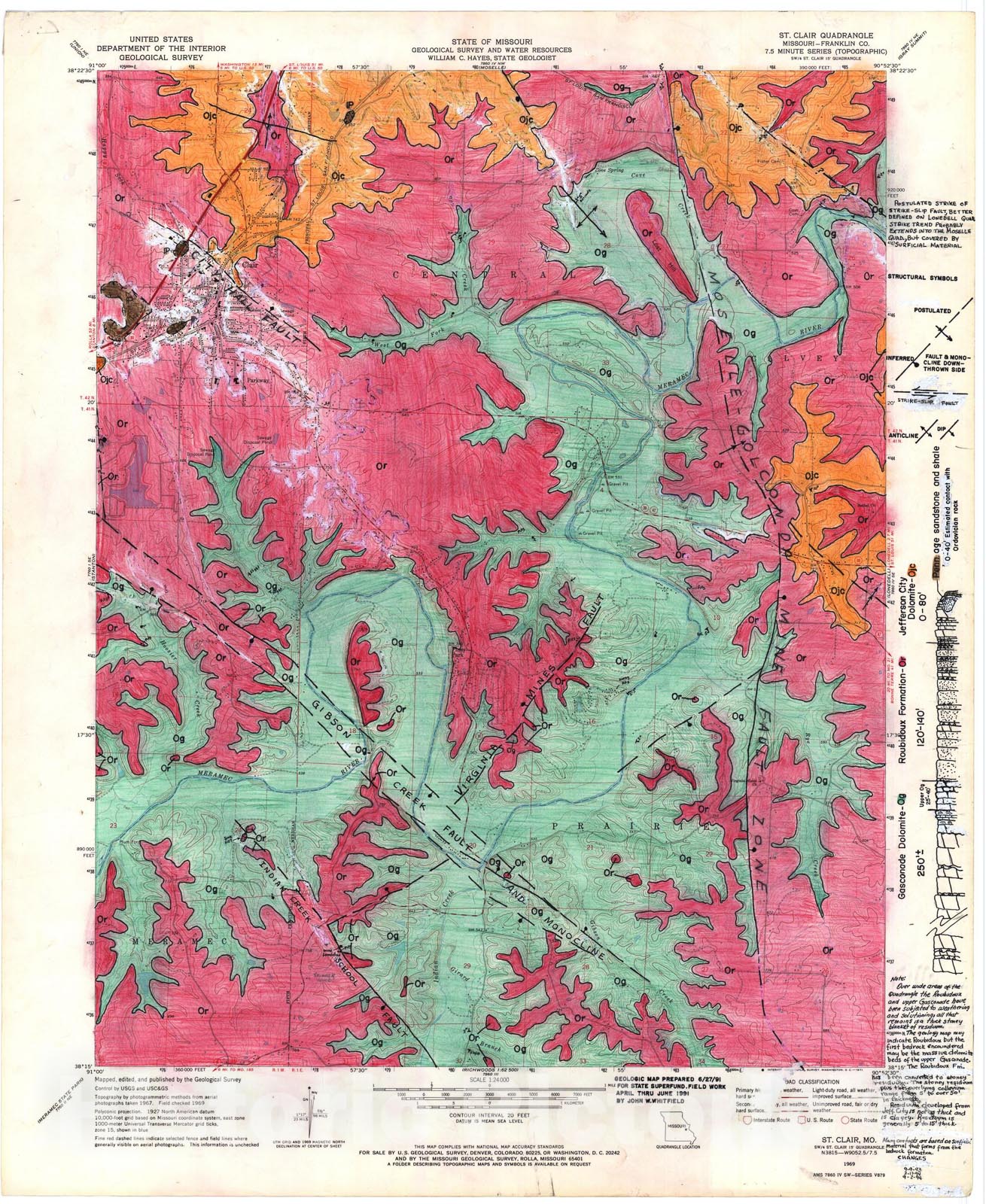 Map : Bedrock geologic map of the Saint Clair seven 1/2' quadrangle, Missouri, 1991 Cartography Wall Art :