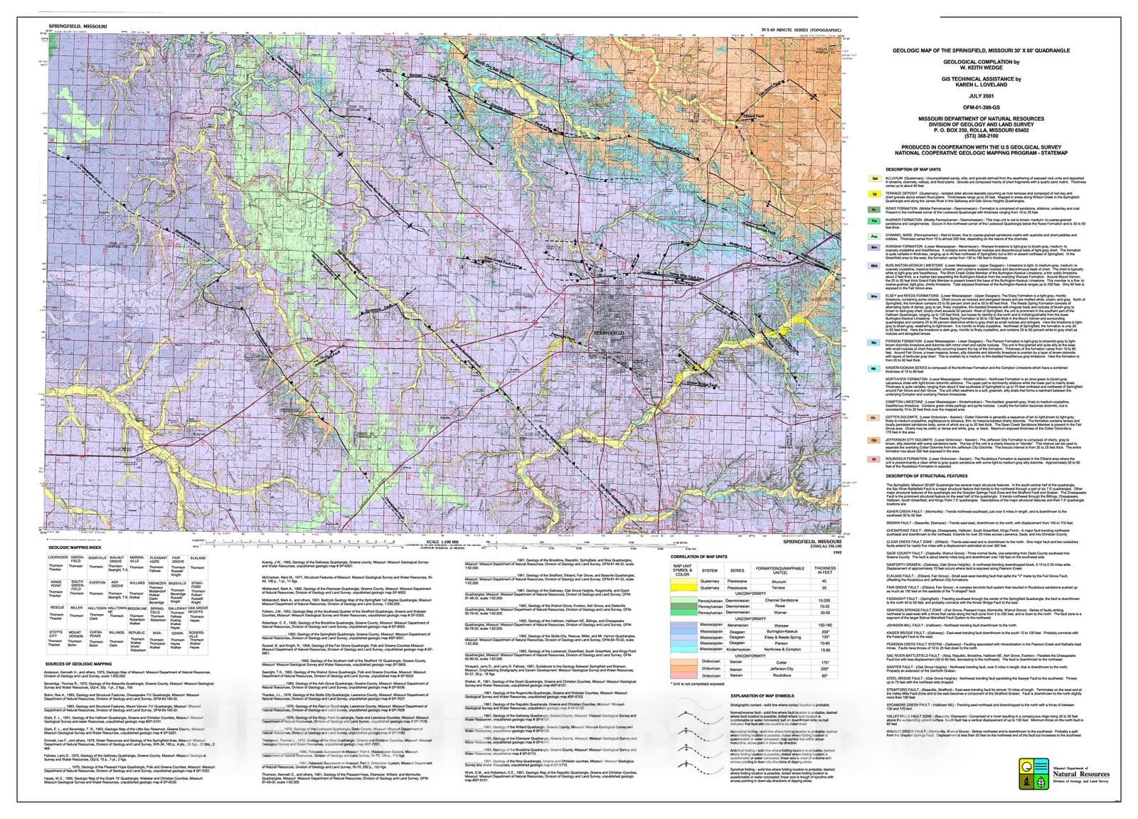 Map : Geologic map of the Springfield 30' X 60' quadrangle, Missouri, 2001 Cartography Wall Art :