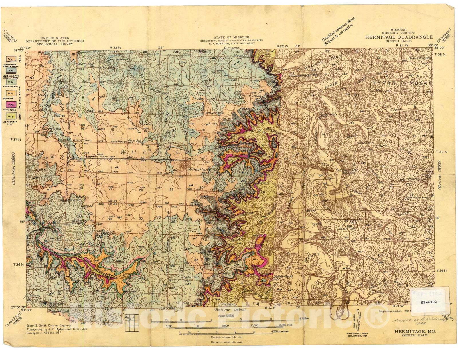 Map : Geologic map of part of the Hermitage 15' quadrangle, Missouri, 1949 Cartography Wall Art :