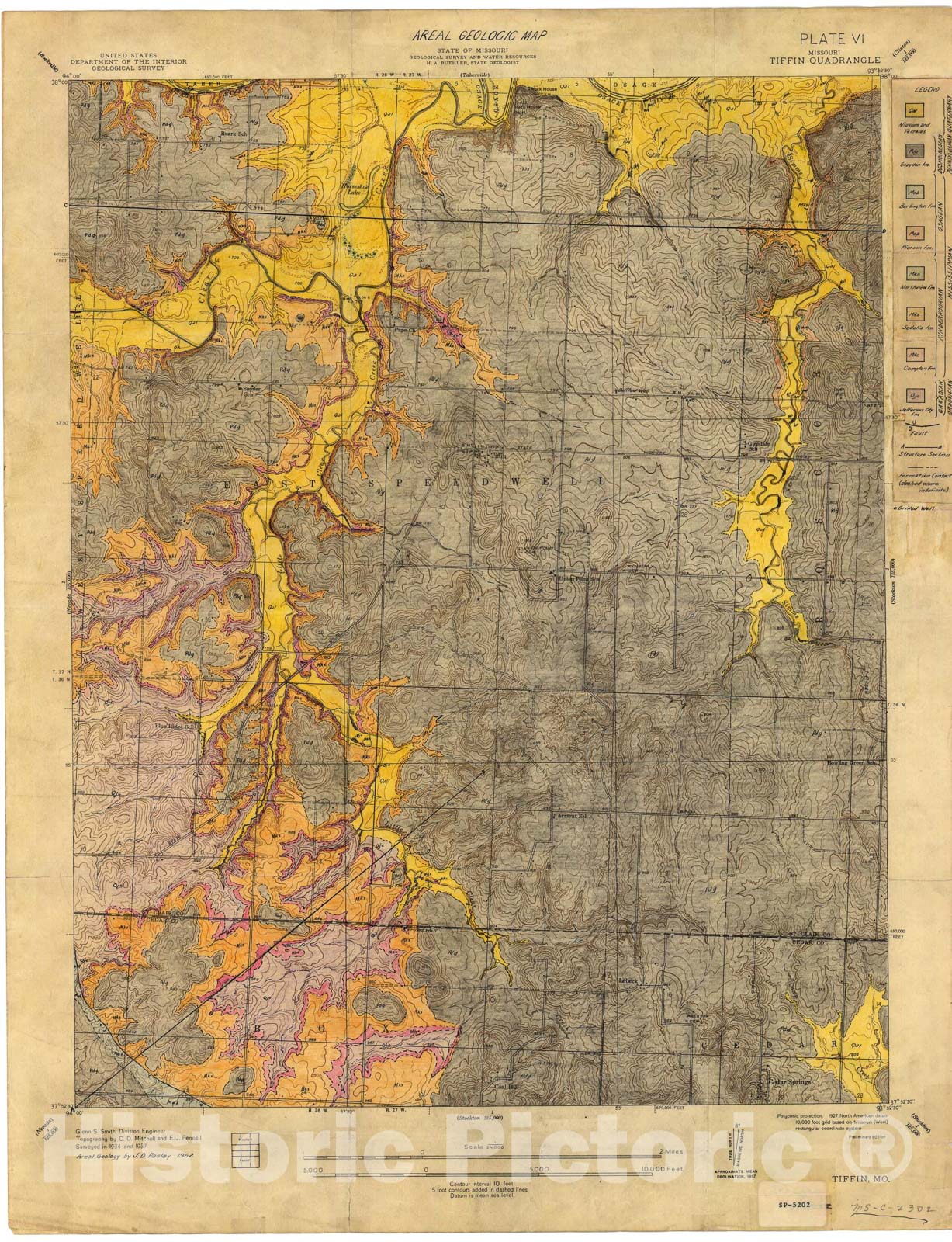 Map : Areal geologic map of the Tiffin seven 1/2' quadrangle, Missouri, 1952 Cartography Wall Art :