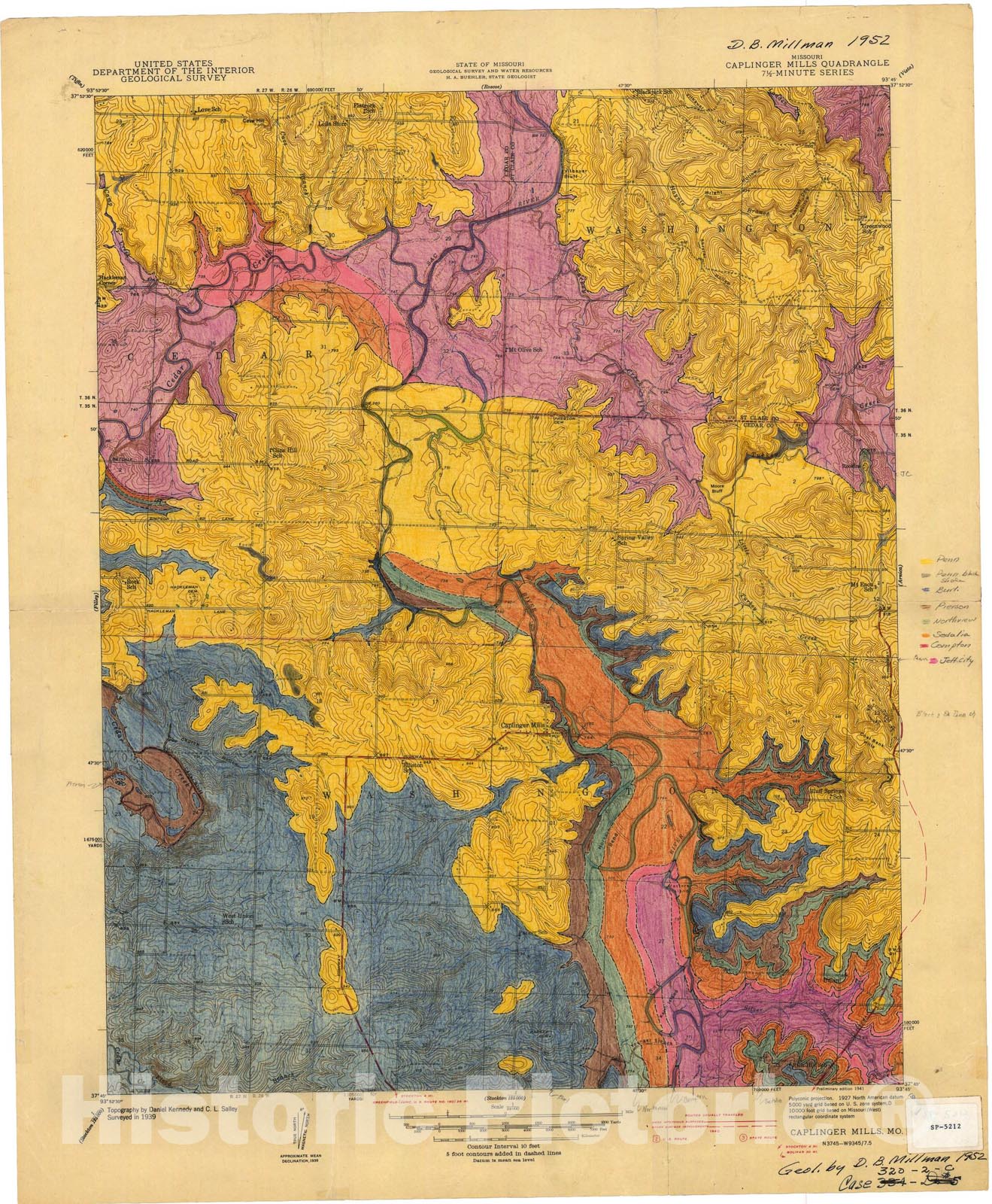 Map : Bedrock geologic map of the Caplinger Mills seven 1/2' quadrangle, Missouri, 1952 Cartography Wall Art :