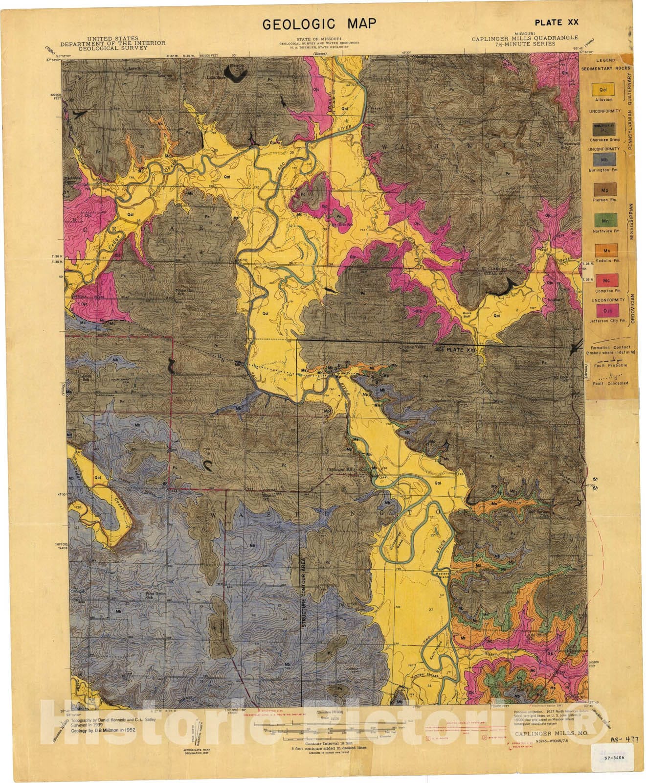 Map : Geologic map of the Caplinger Mills seven 1/2' quadrangle, Missouri, 1954 Cartography Wall Art :