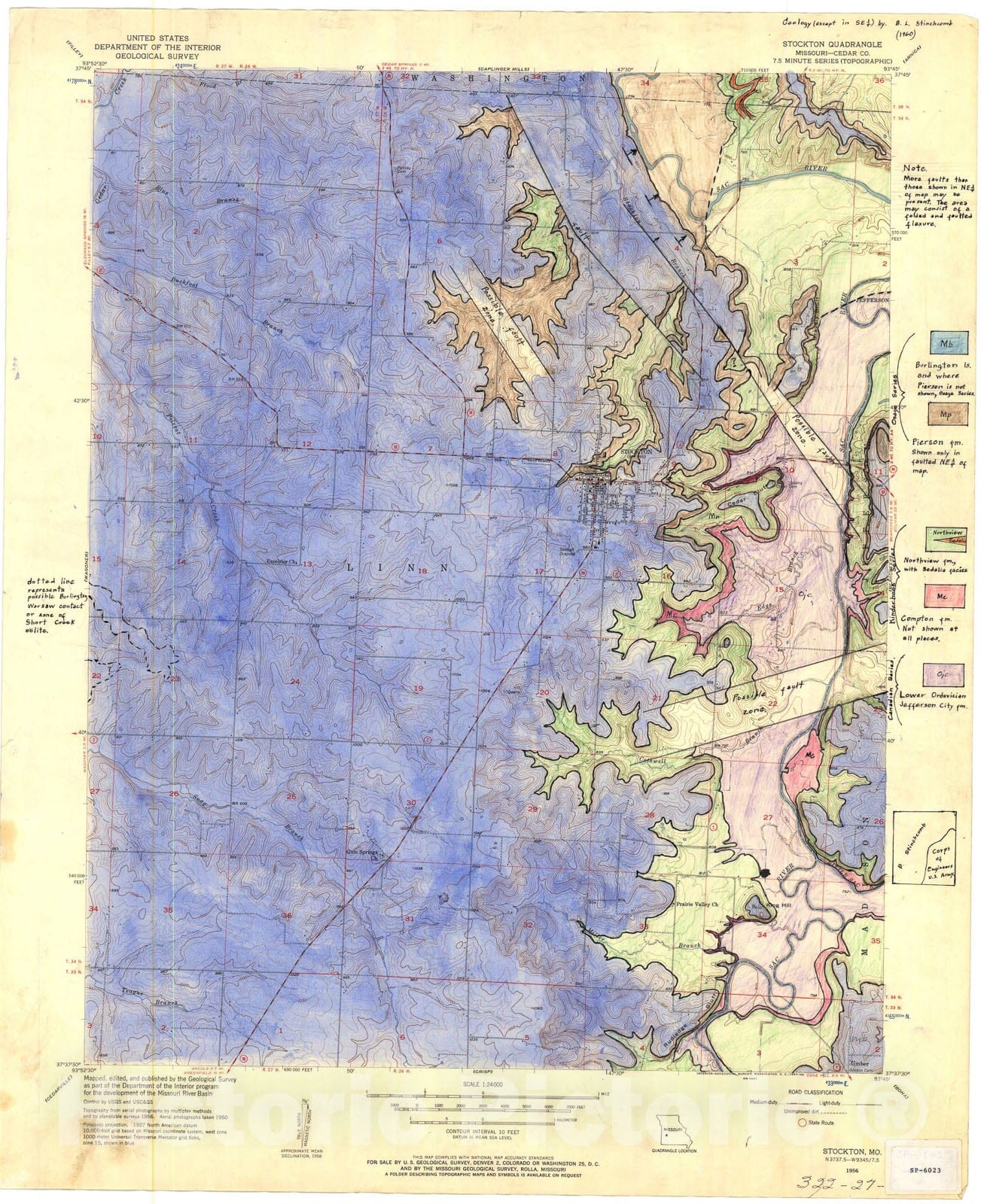 Map : Bedrock geologic map of the Stockton seven 1/2' quadrangle, Missouri, 1960 Cartography Wall Art :