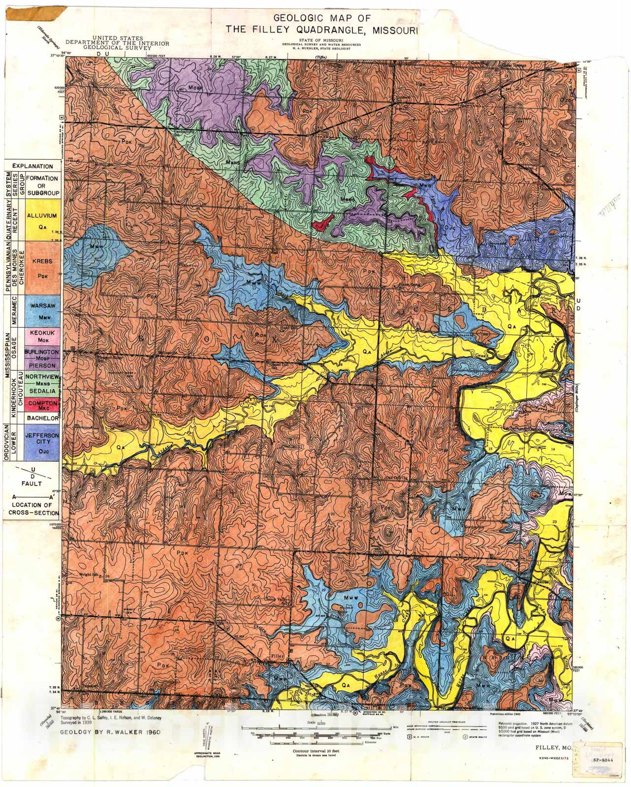 Map : Geologic map of the Filley seven 1/2' quadrangle, Missouri, 1960 Cartography Wall Art :