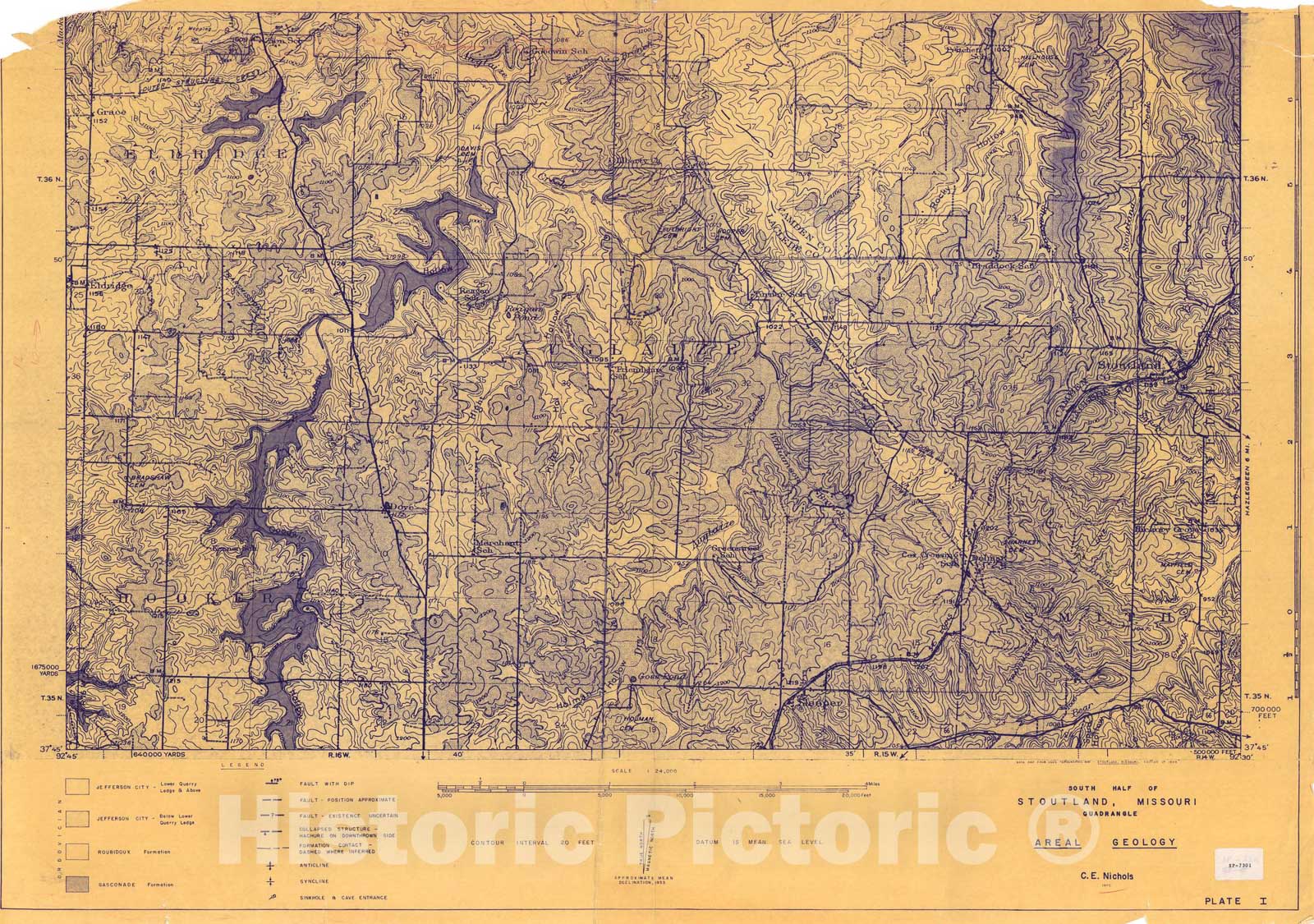 Map : Geologic map of the south half of the Stoutland 15' quadrangle, Missouri, 1973 Cartography Wall Art :